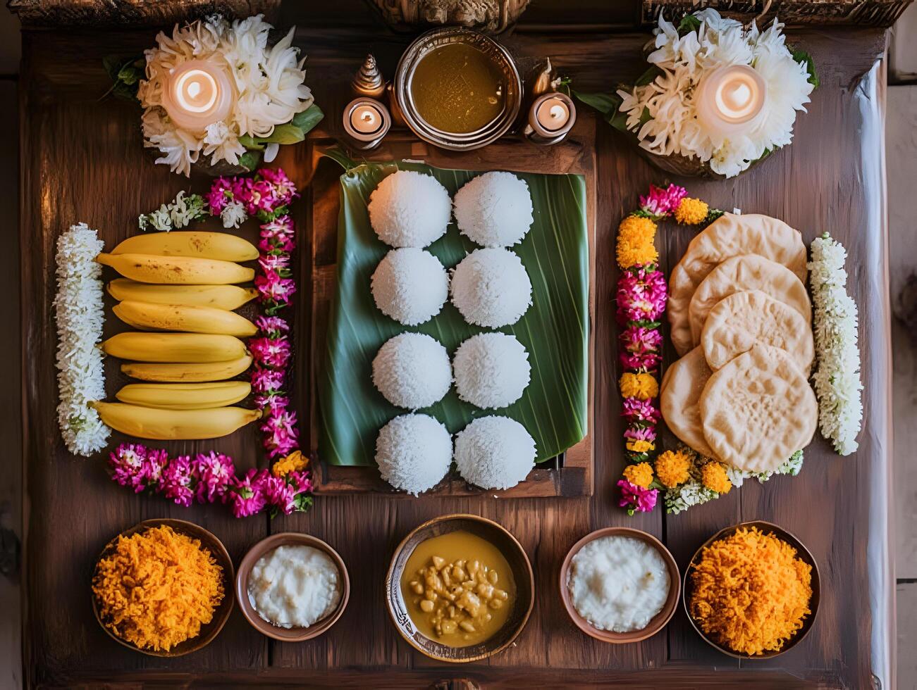 Indian offerings of riceballs, kheer, dal, and chapati prepared for Pitru Paksha. photo