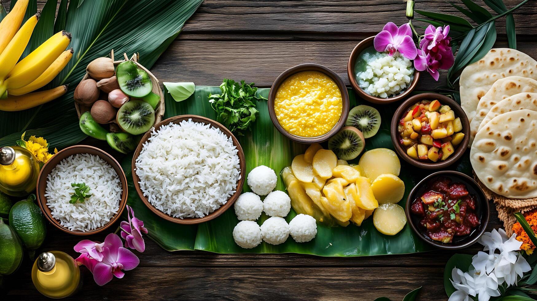 Indian offerings of riceballs, kheer, dal, and chapati prepared for Pitru Paksha. photo