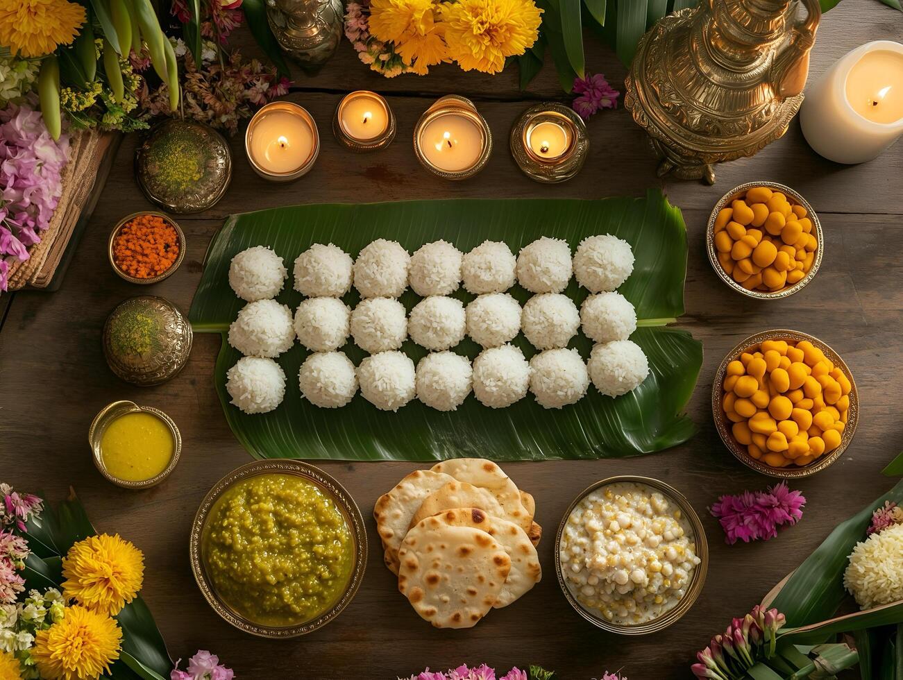 Indian offerings of riceballs, kheer, dal, and chapati prepared for Pitru Paksha. photo