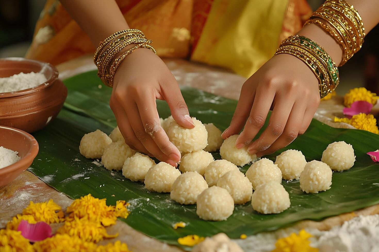 A woman prepares traditional rice balls on a banana leaf for Indian ritual ceremony. photo