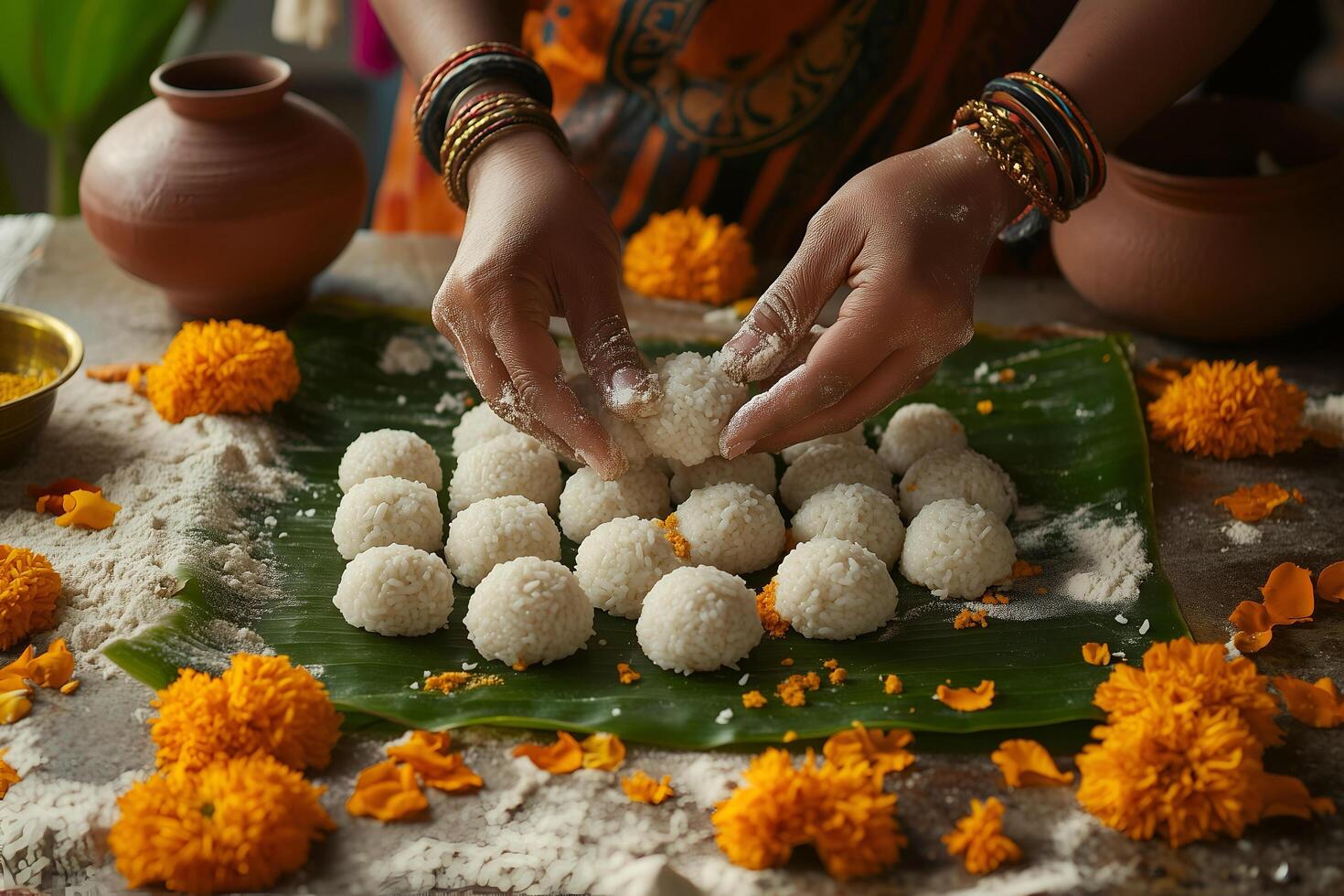 A woman prepares traditional rice balls on a banana leaf for Indian ritual ceremony. photo