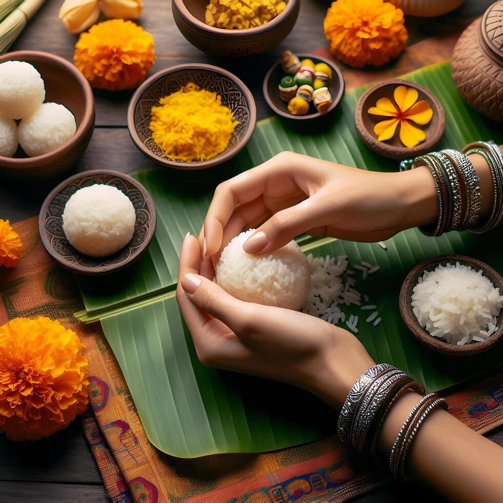 An Indian woman prepares traditional rice balls on a banana leaf for ritual ceremony. photo