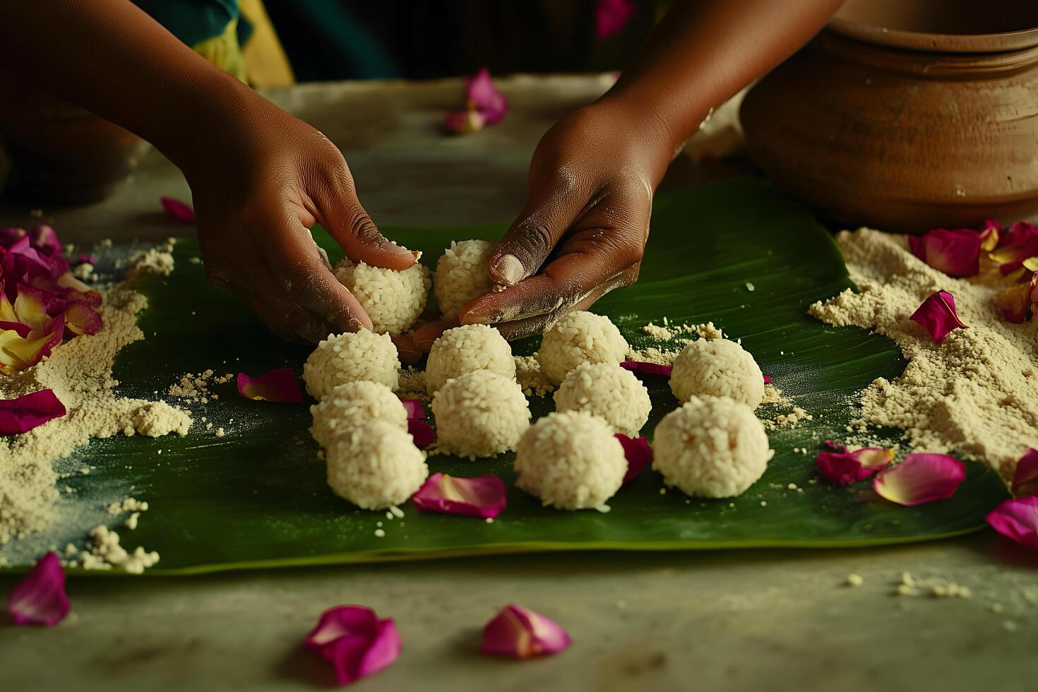An Indian woman prepares traditional rice balls on a banana leaf for a ritual ceremony. photo
