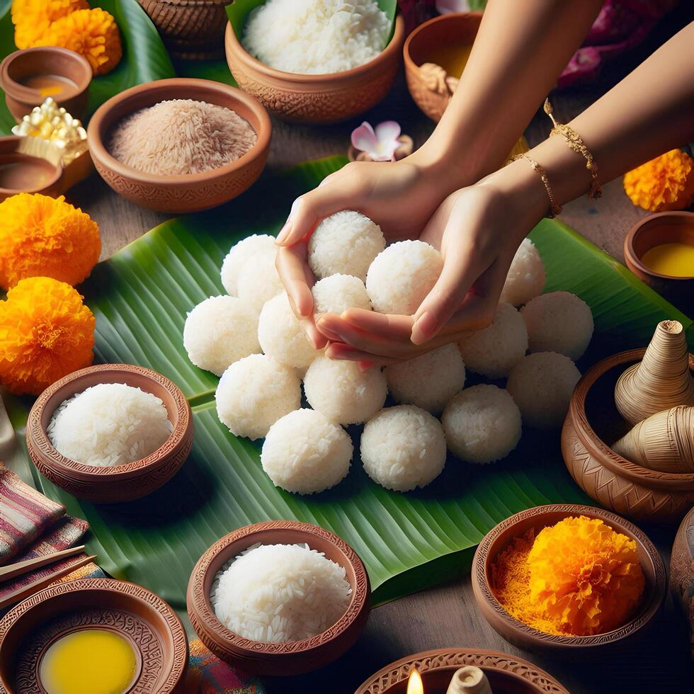 An Indian woman prepares traditional rice balls on a banana leaf for ritual ceremony. photo