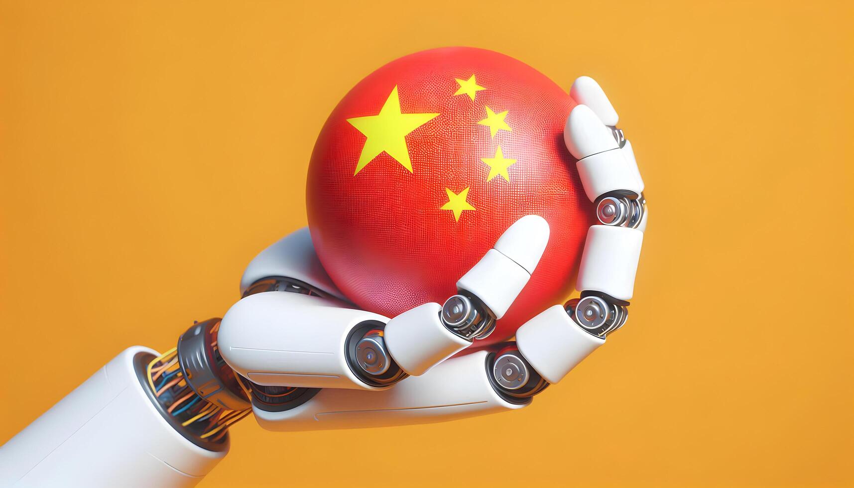 A robotic hand holds a globe with Chinese flag, symbolizing technological dominance. photo