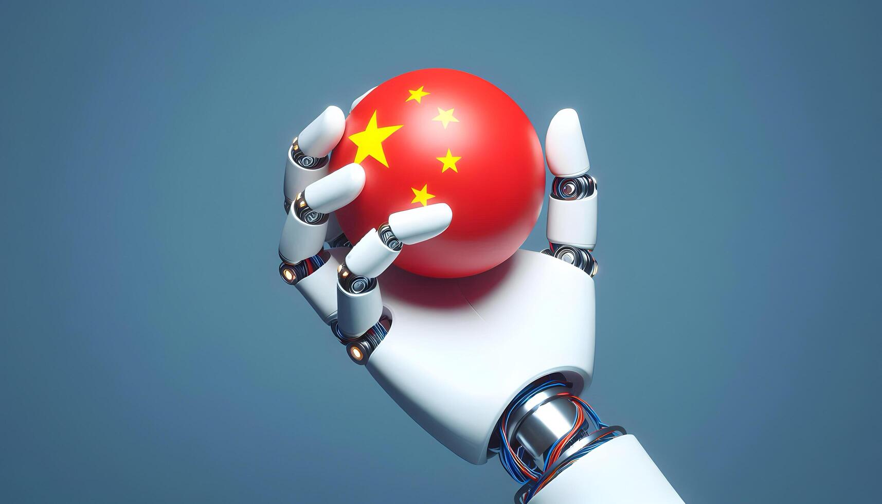 A robotic hand holds a globe with Chinese flag, symbolizing technological dominance. photo