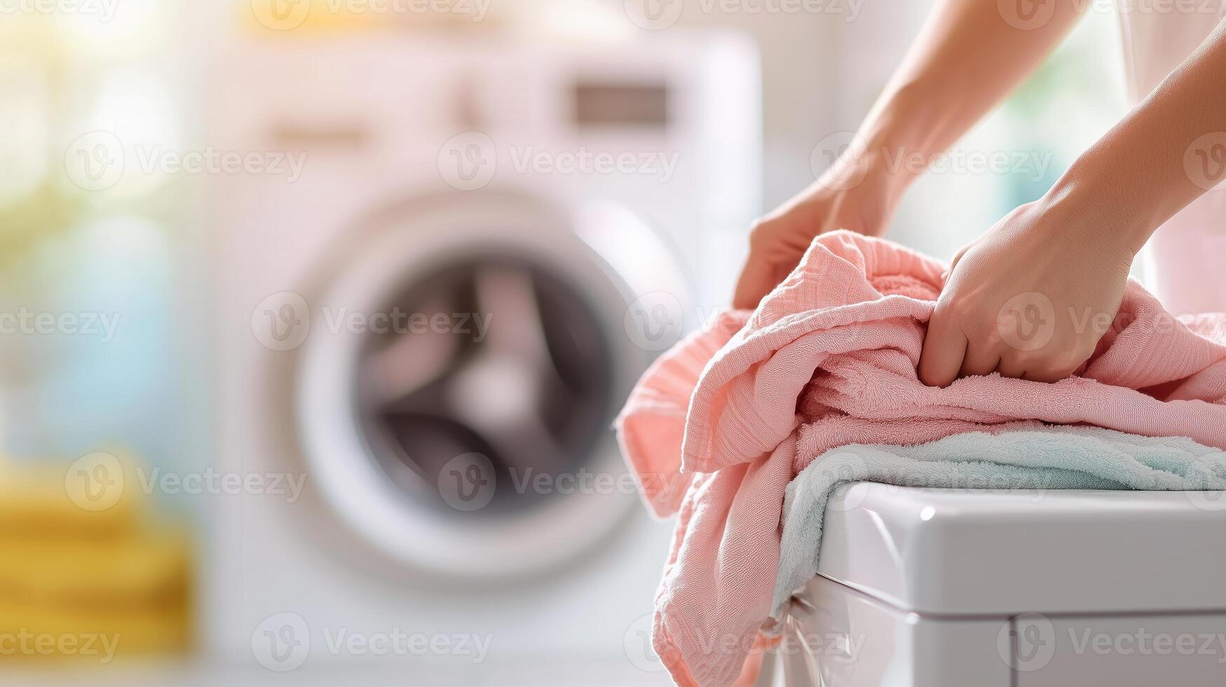 A person folding freshly laundered towels in a bright laundry room, showcasing a modern washing machine in the background, emphasizing cleanliness and organization. photo