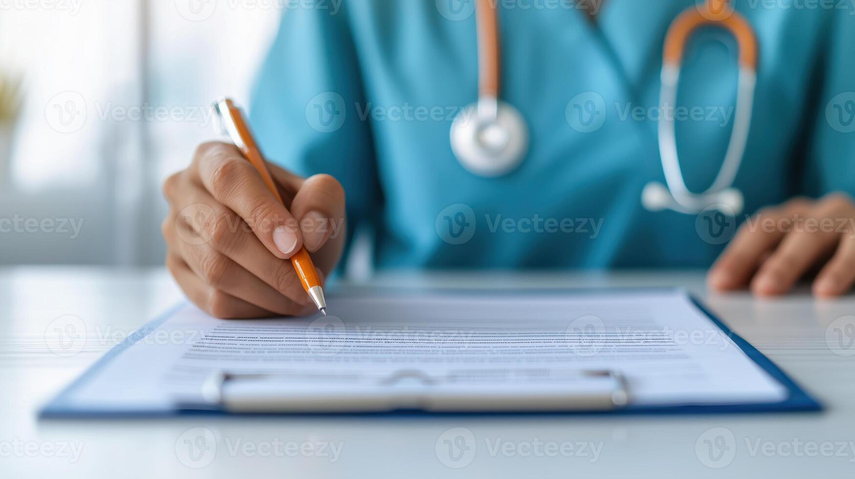 A healthcare professional writing on a clipboard, showing dedication and attention to detail in a clinical environment focused on patient care and documentation. photo