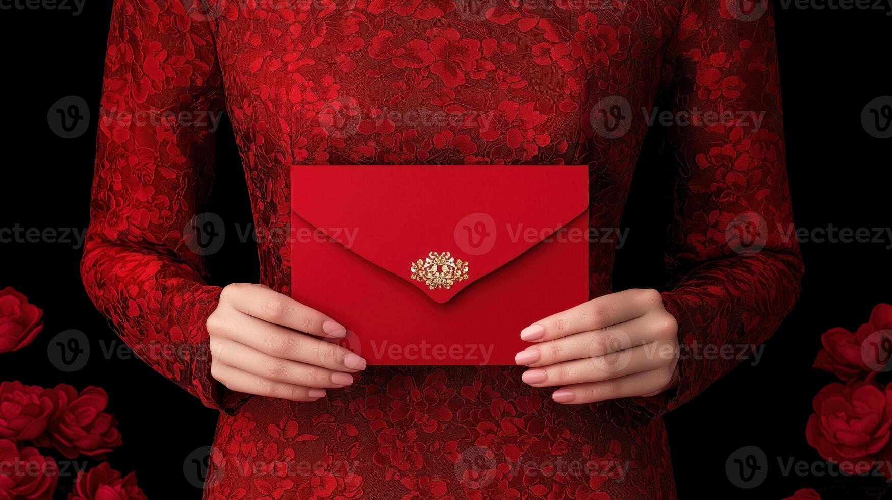 A person holding a luxurious red envelope adorned with a golden embellishment, standing against a dark background with red roses, symbolizing love and celebration. photo