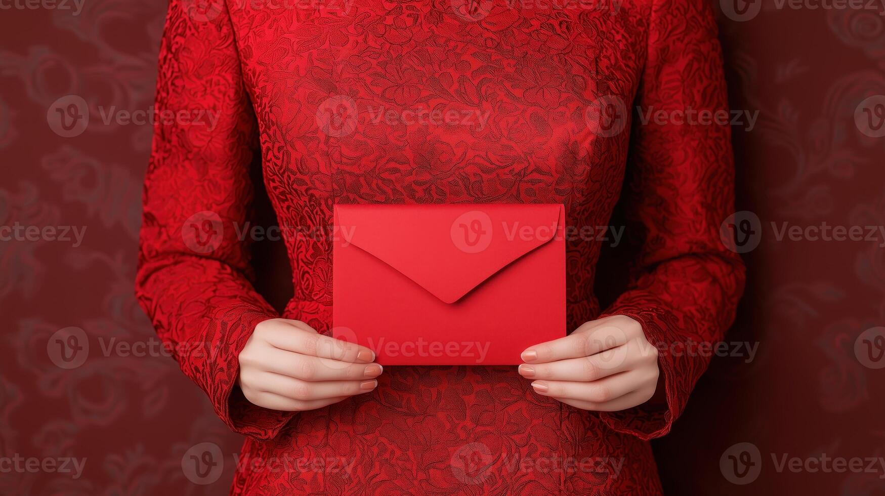 A woman in a red dress holding a red envelope, symbolizing love or celebration, against a rich textured background, capturing the essence of tradition or special occasions. photo