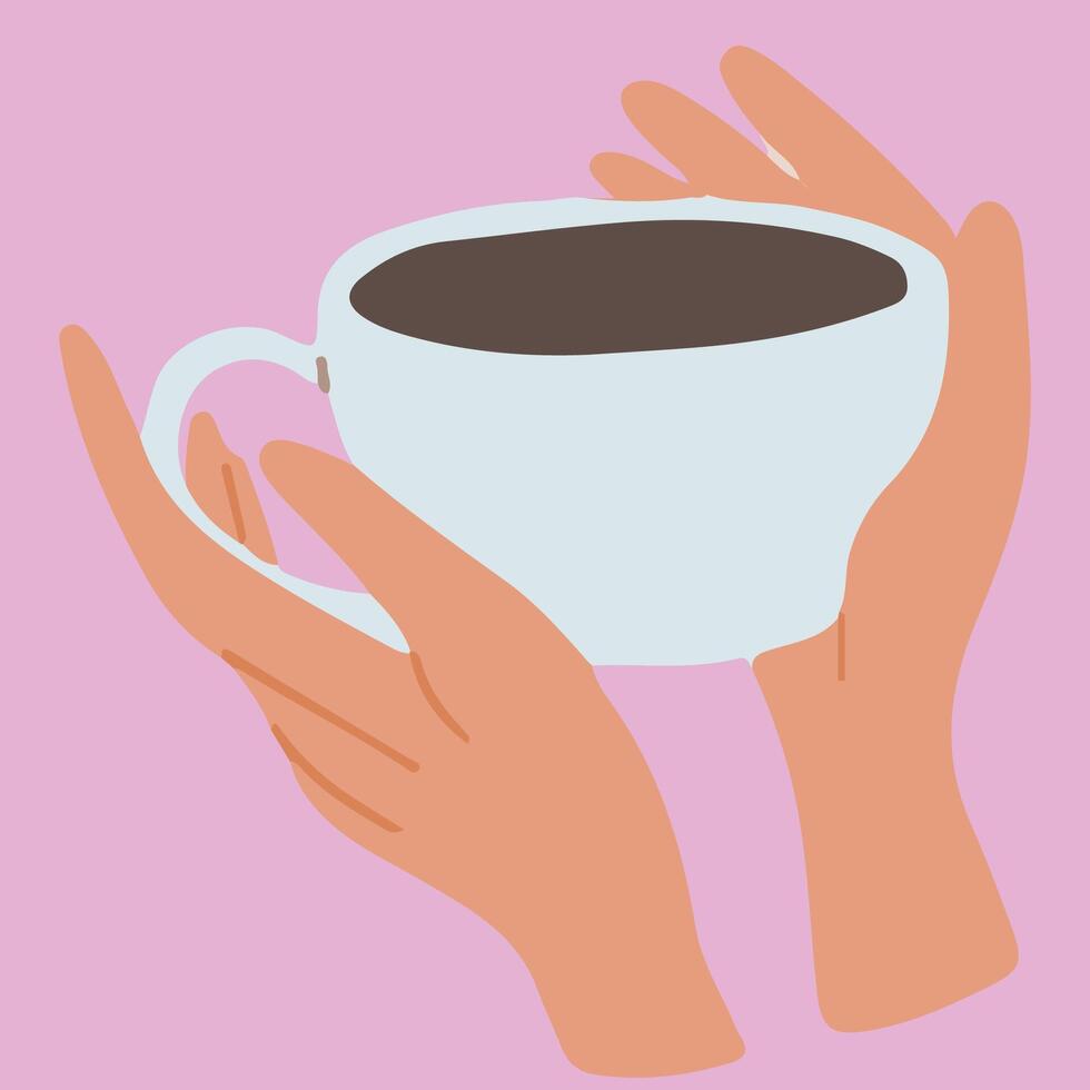 Flat illustration of hands holding white tea cup. The fingers are delicately wrapped around the handle. icon isolated on pink background. vector