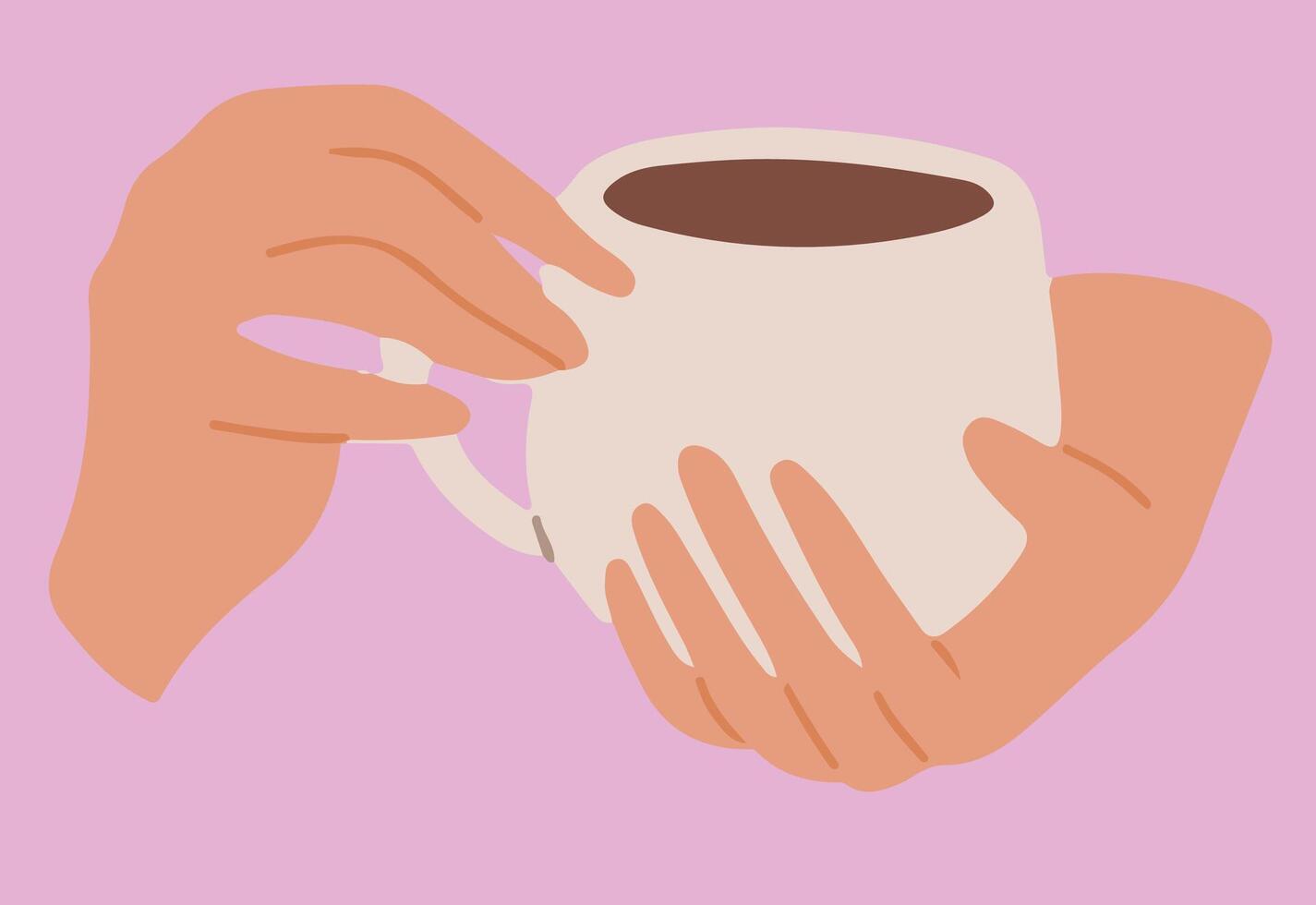 Flat illustration of hands holding white tea of coffee cup. The fingers of one hand are delicately wrapped around the handle, the other hand is holding the bottom of the mug. vector