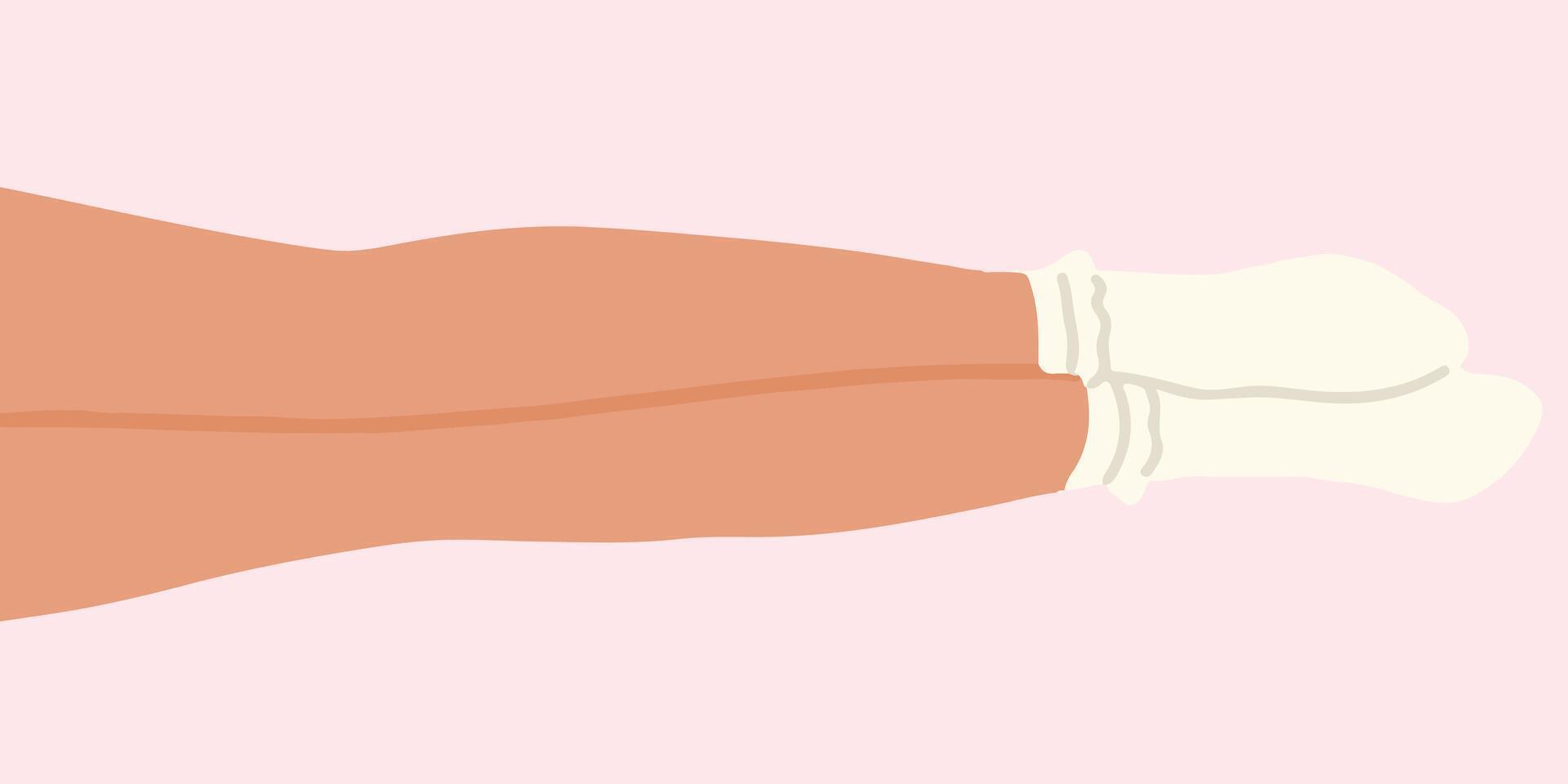Flat illustration of legs lying on the floor near each other. The white socks with flounce elastic band are on the feets. vector