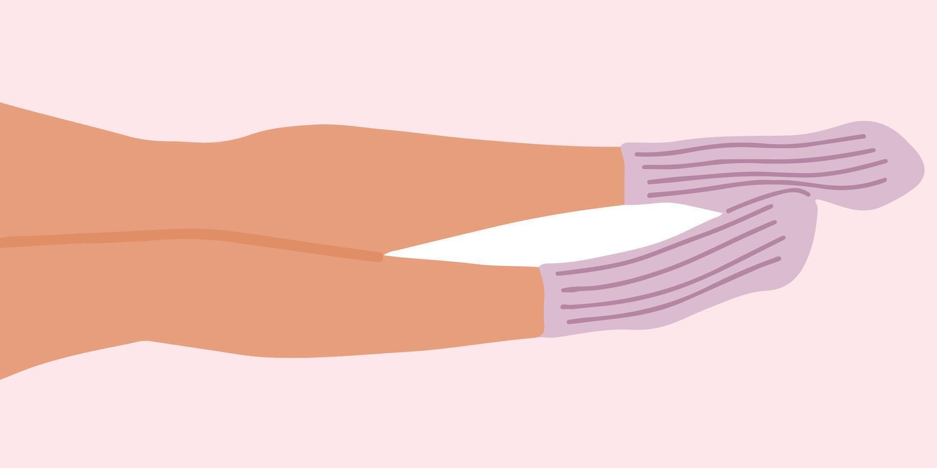 Flat illustration of legs lying on the floor. The right one is slightly bent and dilacately touching the other. The lilac socks with elastic band are on the feets. vector