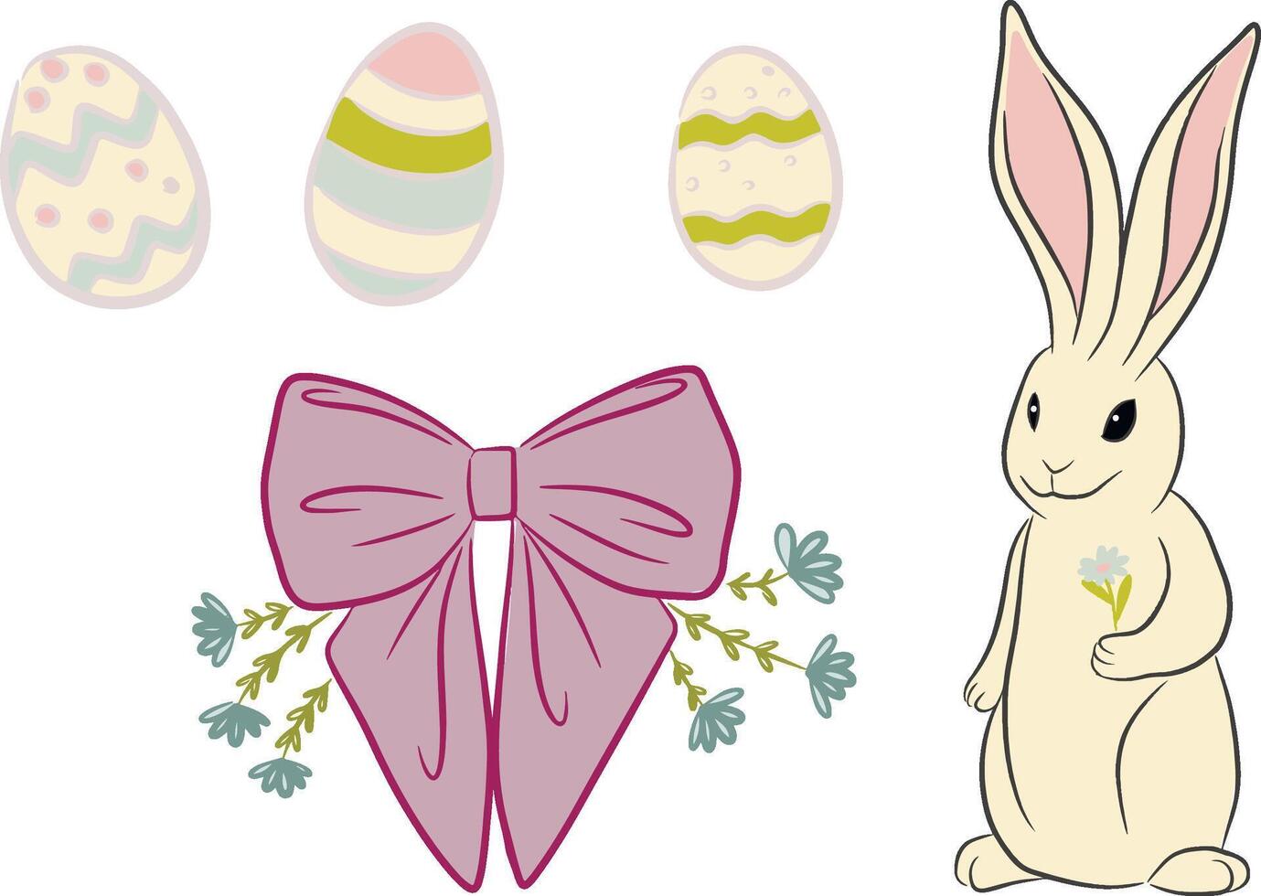 Easter set with rabbit eggs bow clip art vector