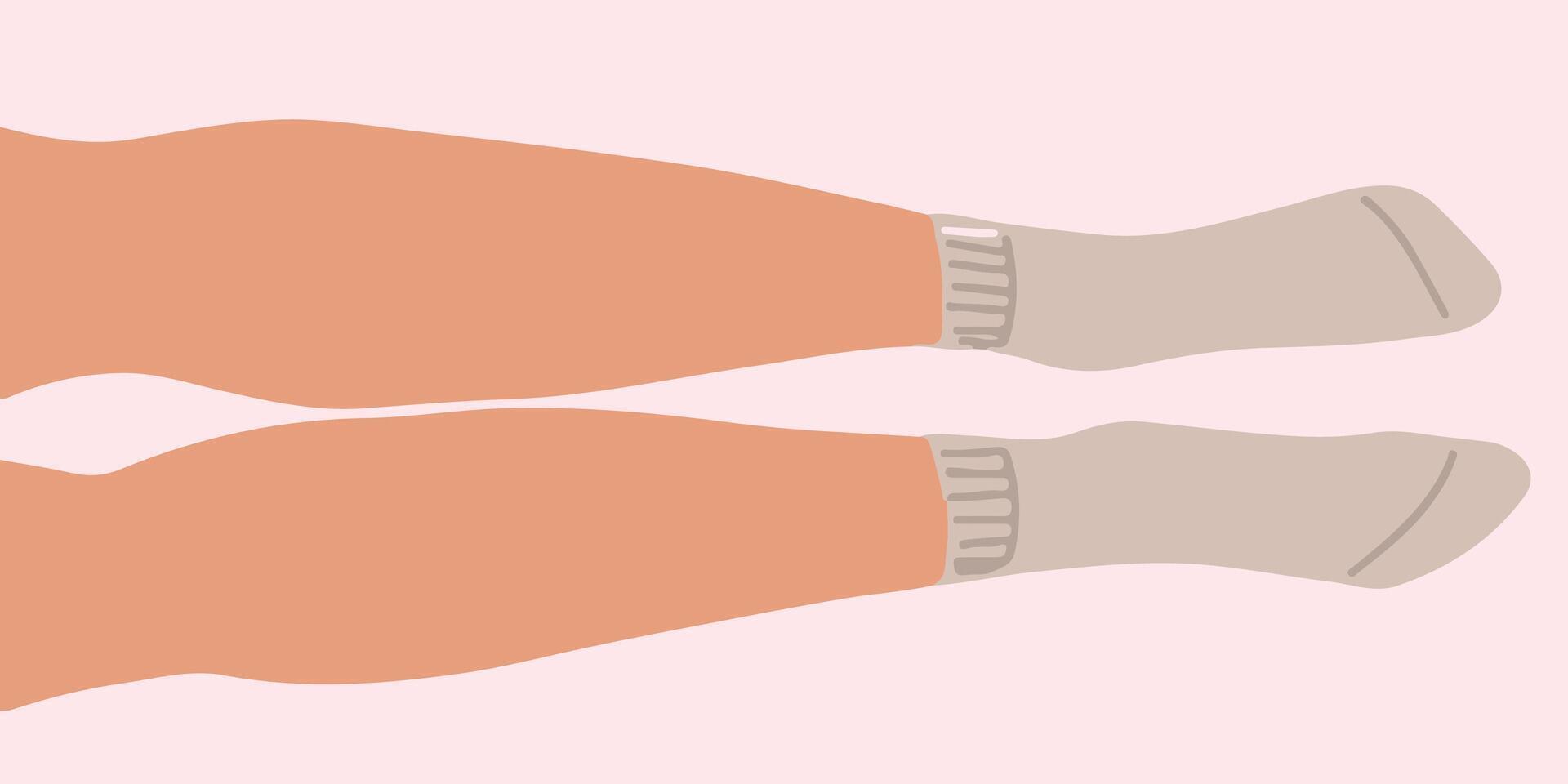 Flat illustration of legs lying on the floor in parallel. The lilac socks with elastic band are on the feets. vector
