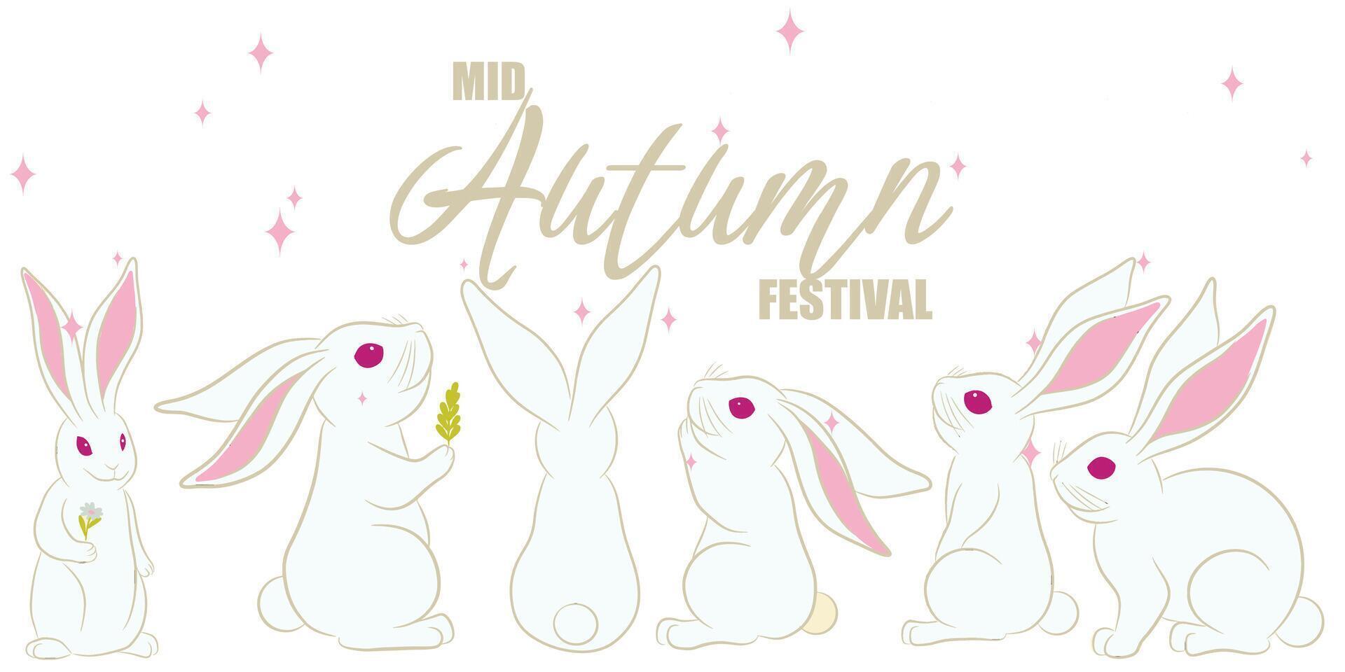Mid autumn festival card with white rabbits. Background on white, Invitaion, greeting card vector