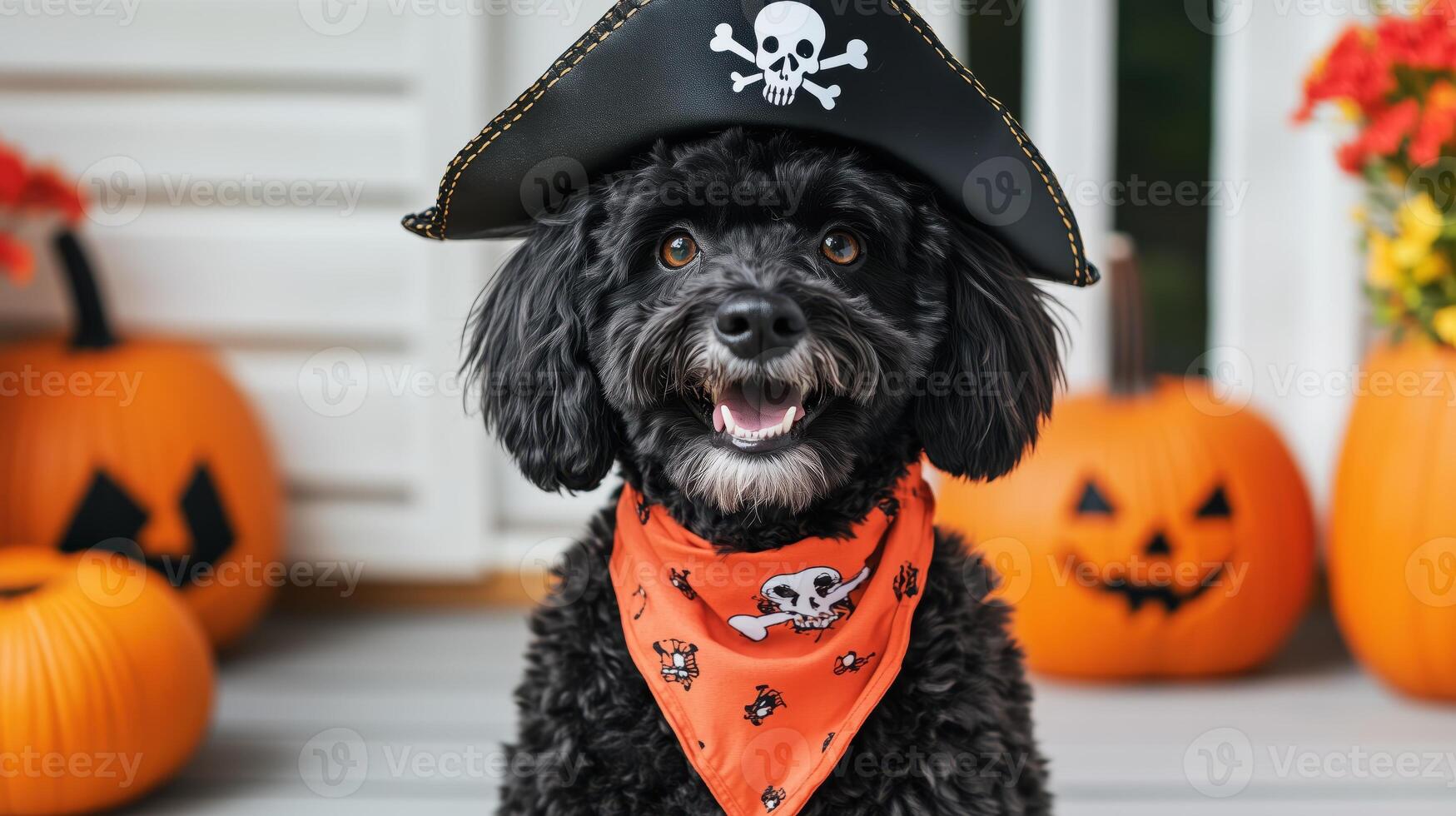 Cute black dog dressed as a pirate with a hat and bandana, surrounded by Halloween pumpkins, bringing festive joy and fun. photo