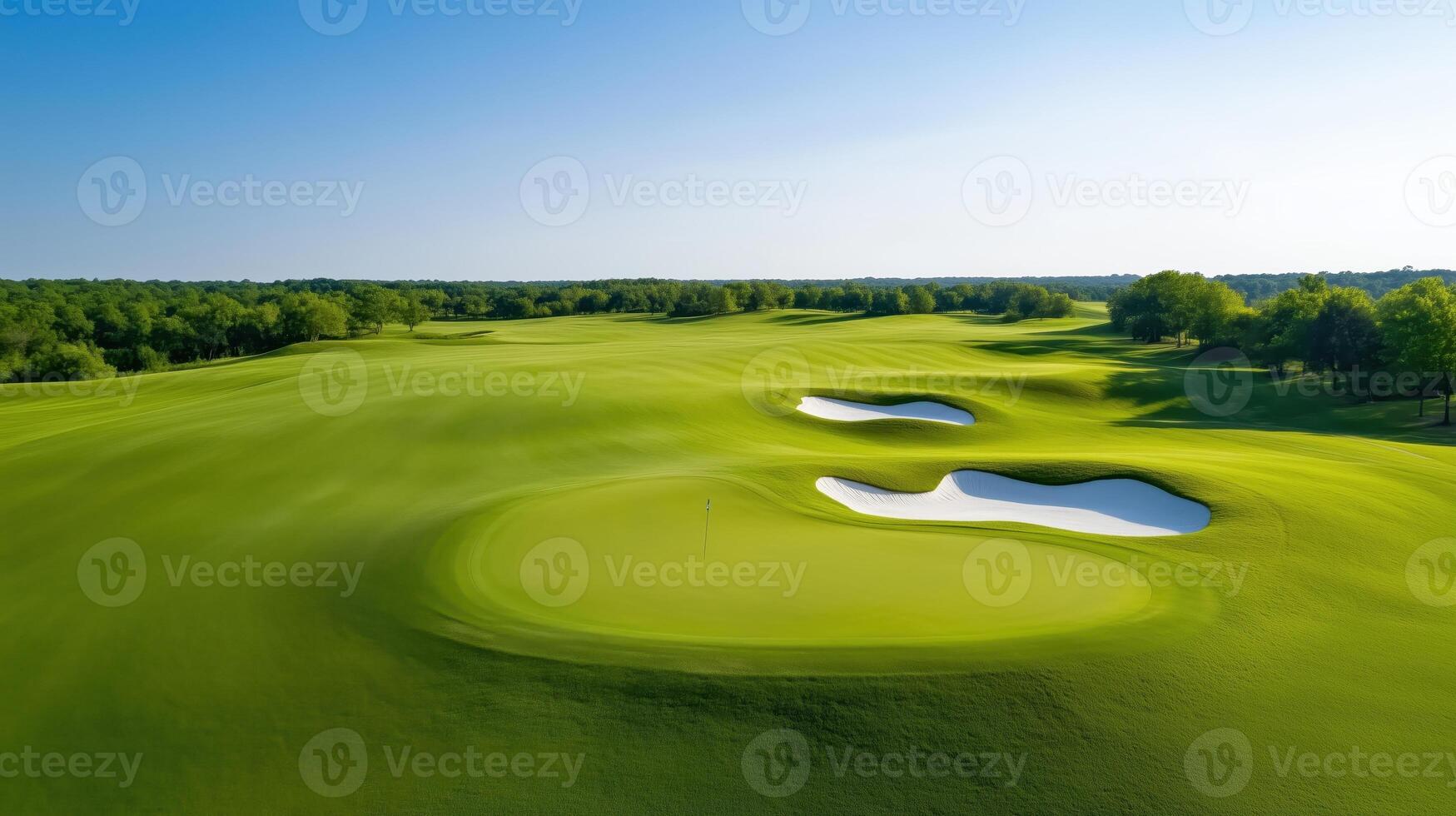 A scenic view of a lush green golf course with sand bunkers under a clear blue sky, perfect for golf enthusiasts and nature lovers. photo