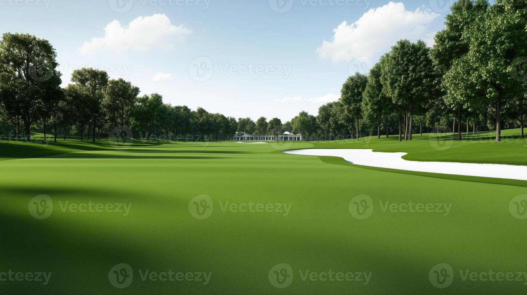 A scenic view of a lush golf course with an inviting fairway, surrounded by trees and blue skies, perfect for a summer day. photo