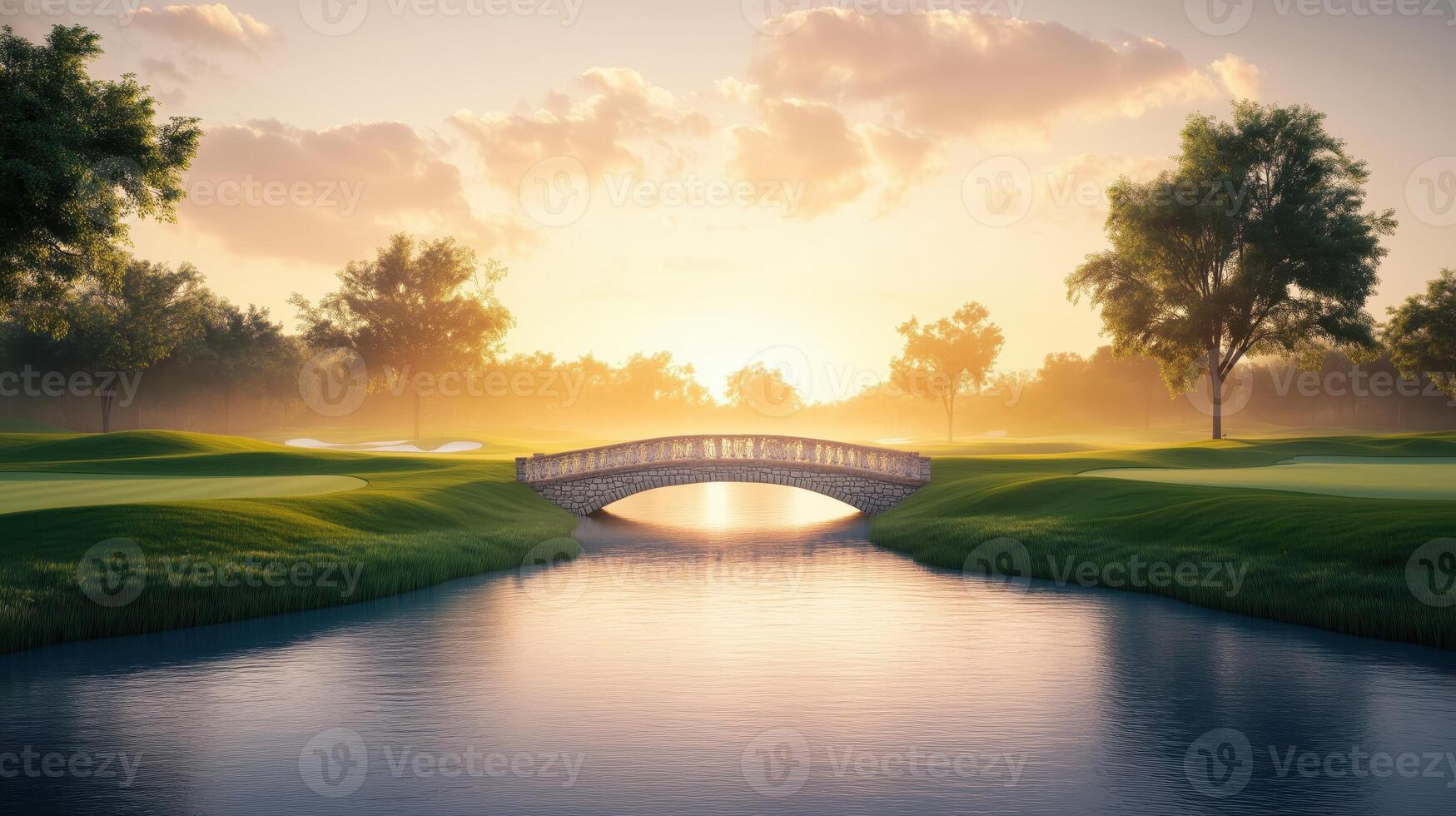 A serene golf course landscape at sunrise, featuring a picturesque bridge and vibrant natural scenery reflected in calm water. photo