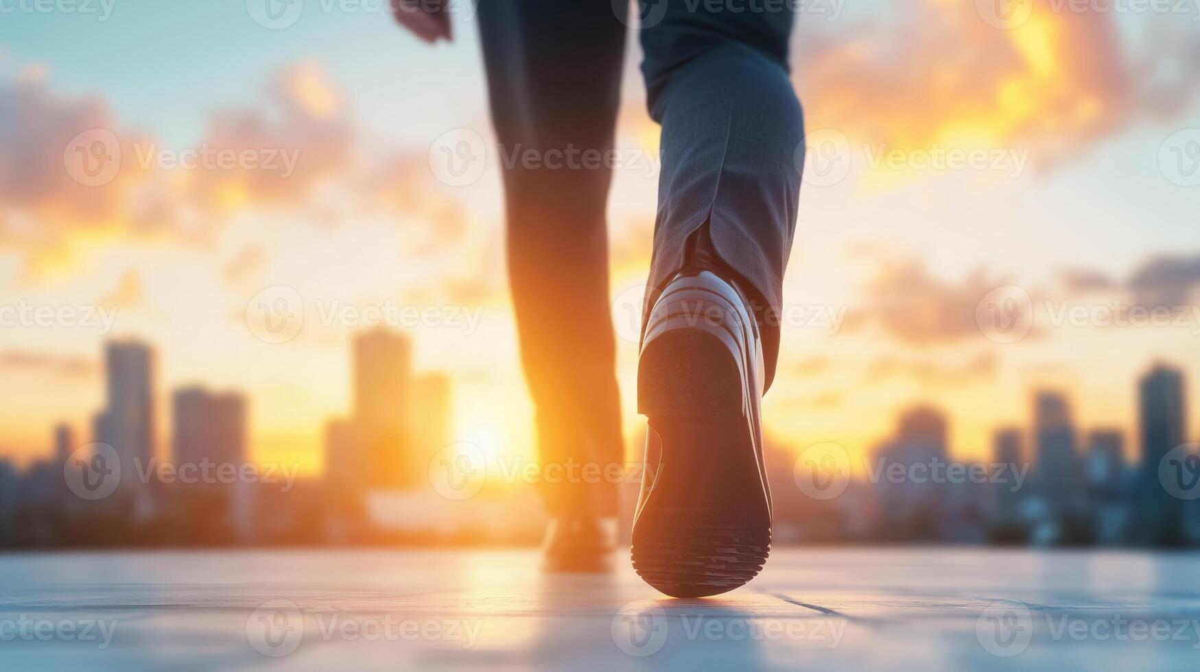 A person walking towards a vibrant sunset in an urban setting, symbolizing journey, hope, and new beginnings. photo