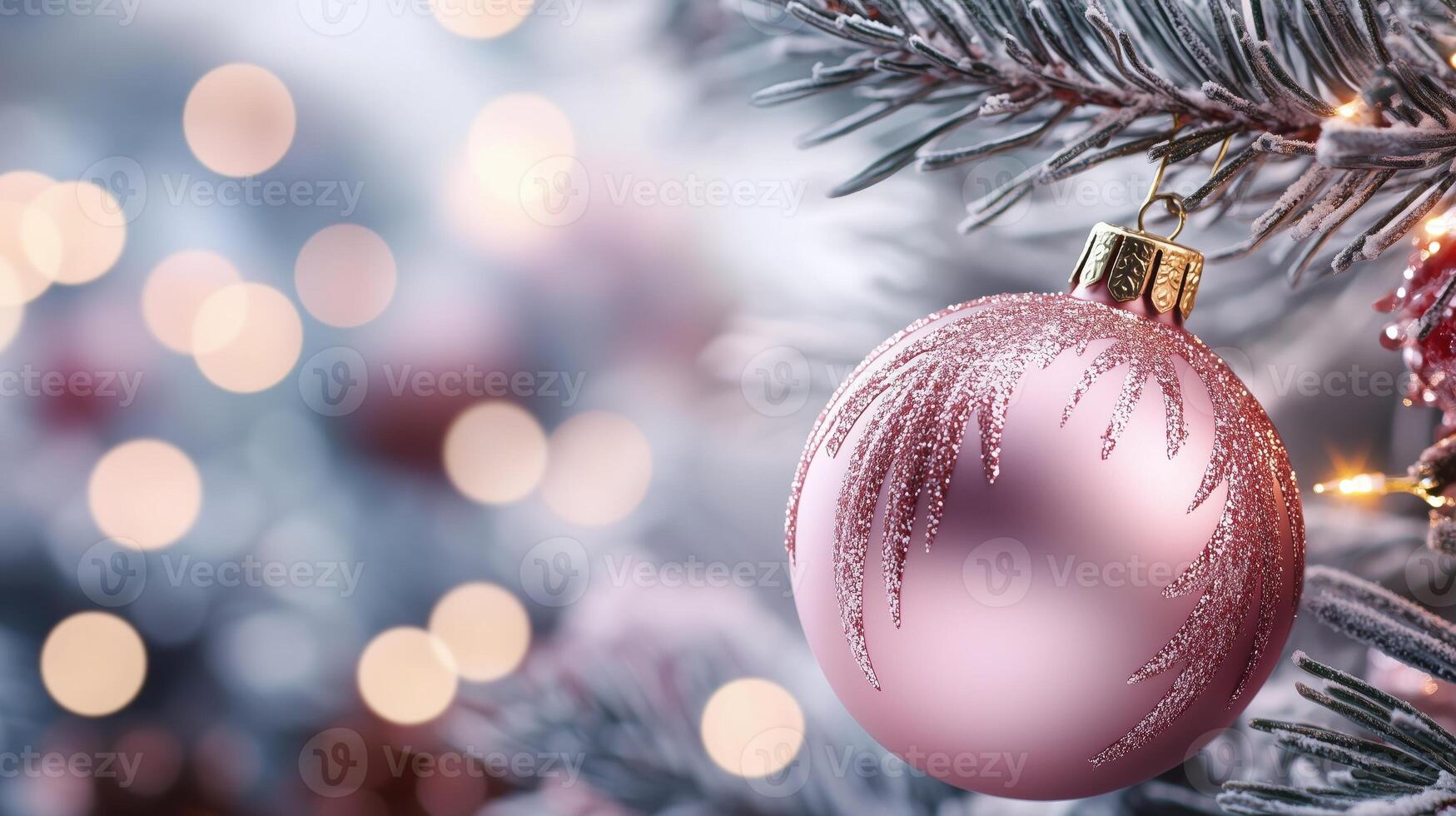 A beautifully decorated Christmas tree ornament in soft pink hues, surrounded by warm festive bokeh lights for a magical ambiance. photo