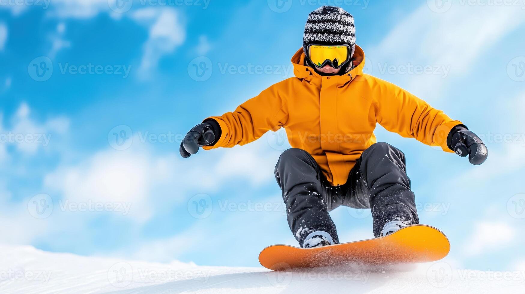 A snowboarder in a bright orange jacket gliding down a snowy slope under a clear blue sky, showcasing winter sports excitement. photo