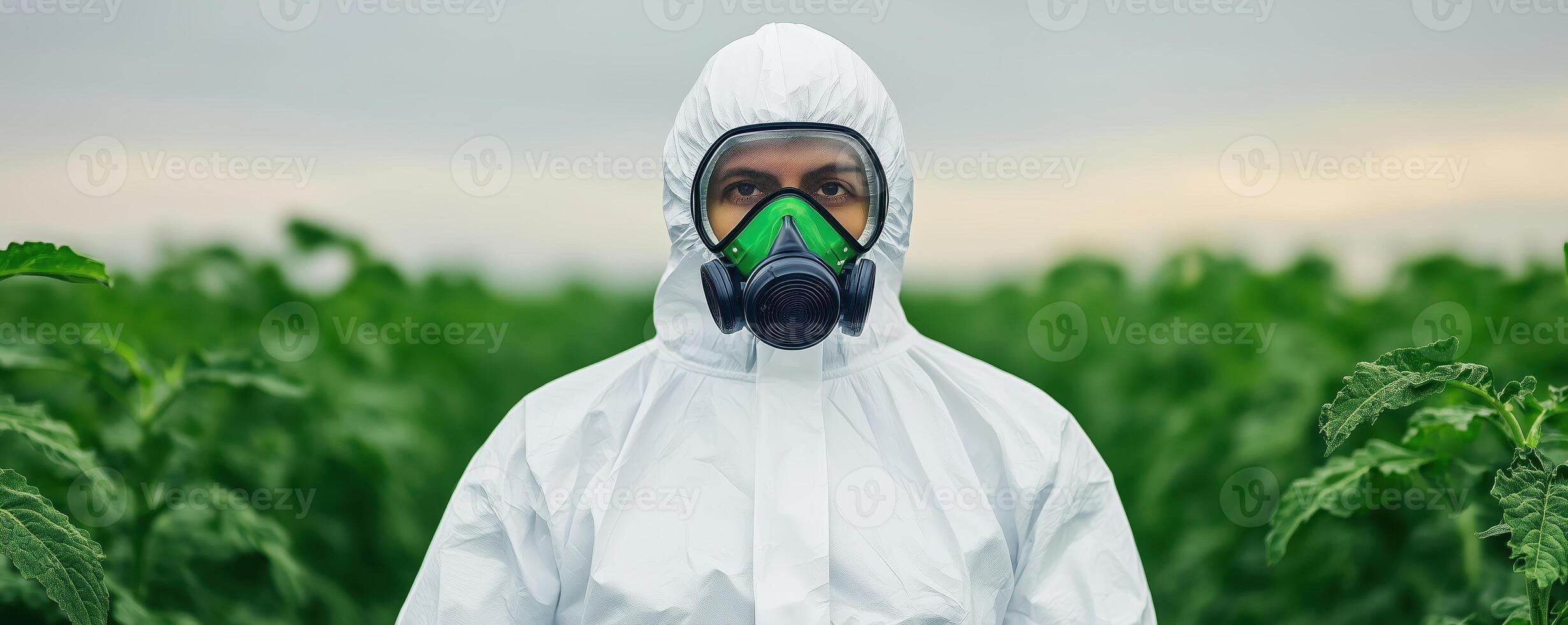A worker in protective gear stands in a lush green field, emphasizing safety in agriculture and environmental protection. photo