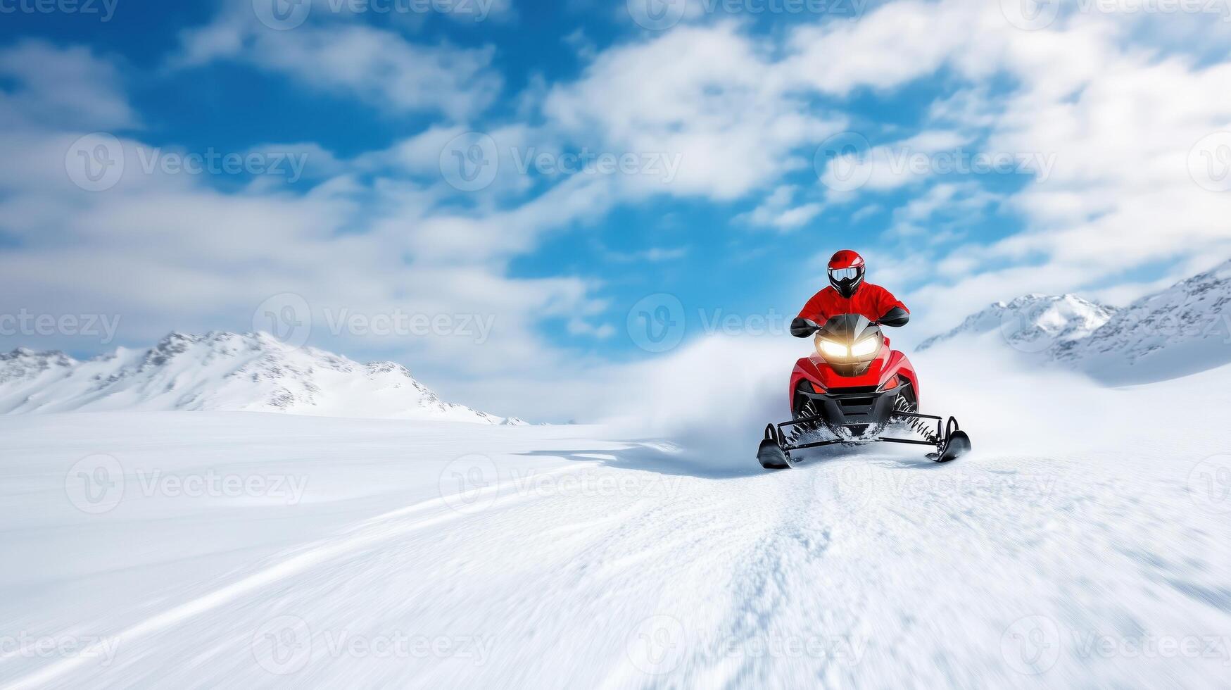 A thrilling snowmobile adventure through pristine winter landscapes, showcasing speed and excitement in a snowy environment. photo