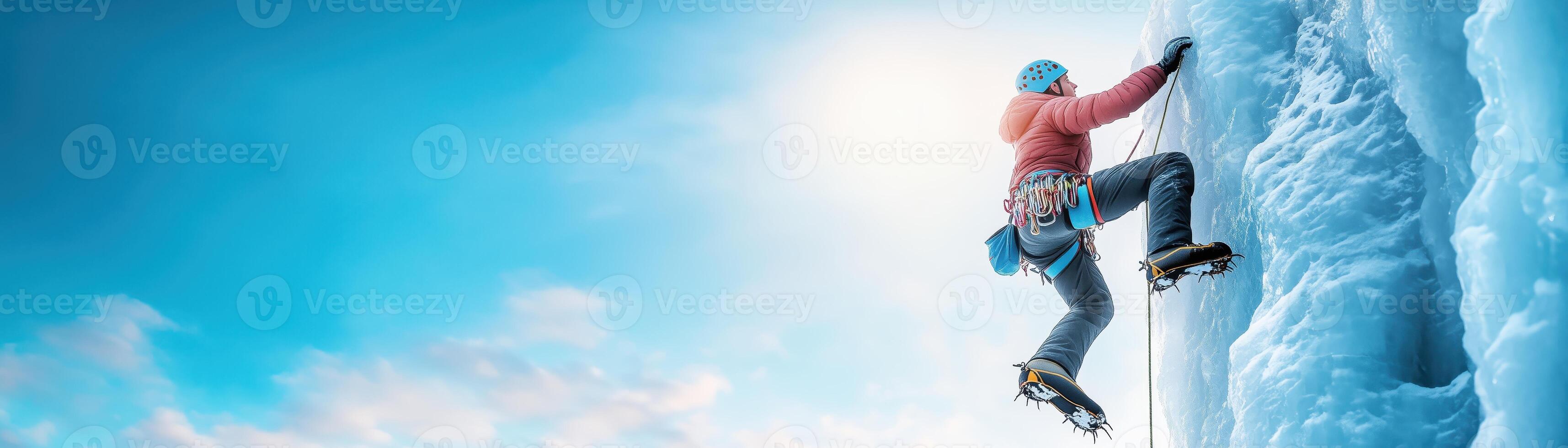 A climber ascends a massive ice wall under a bright blue sky, showcasing adventure and determination in winter sports. photo