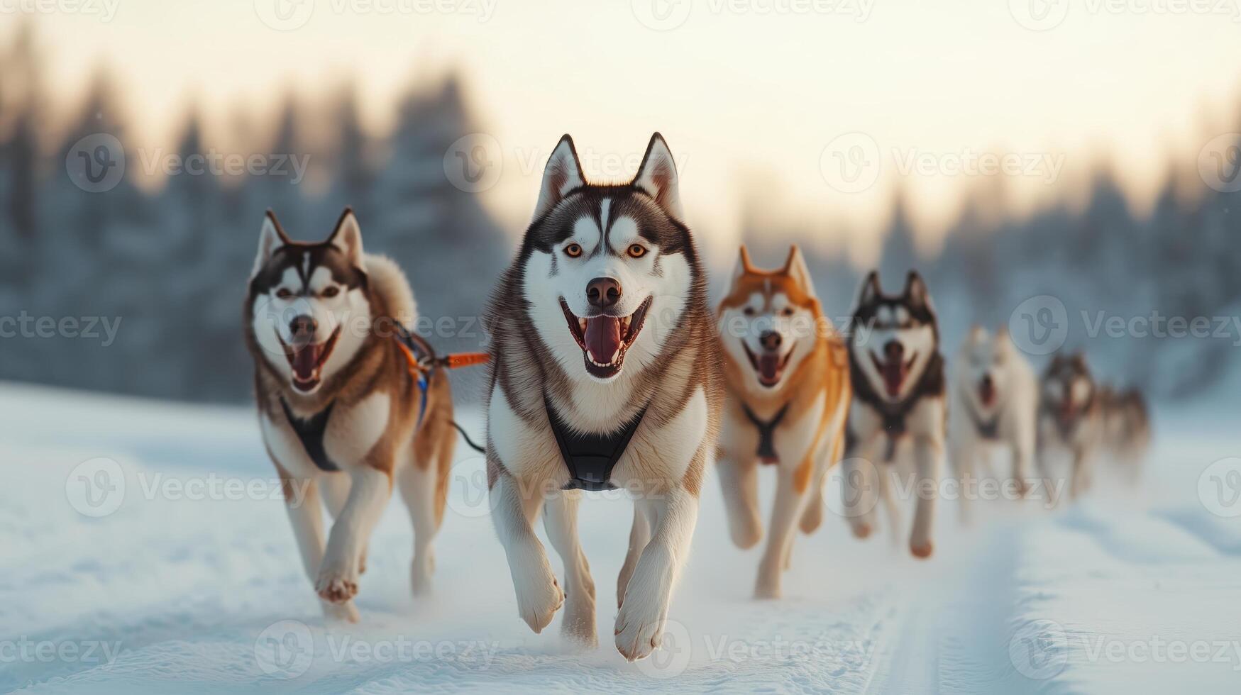 A team of huskies running joyfully in the snow, showcasing the spirit of adventure and teamwork in a winter landscape. photo