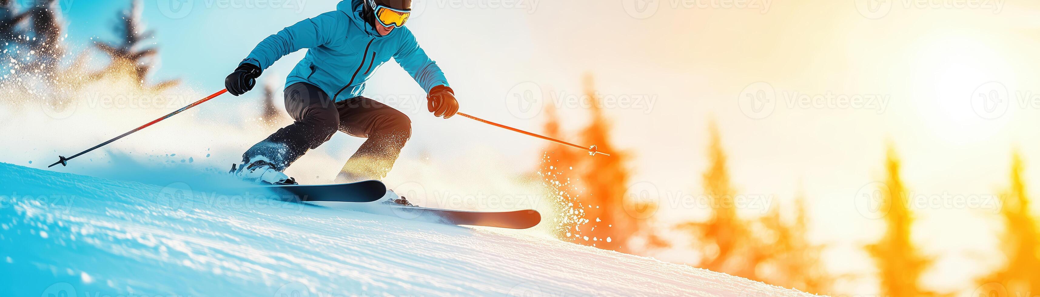 A skier gracefully gliding down a snowy slope, surrounded by a winter wonderland, capturing the thrill of skiing in nature. photo