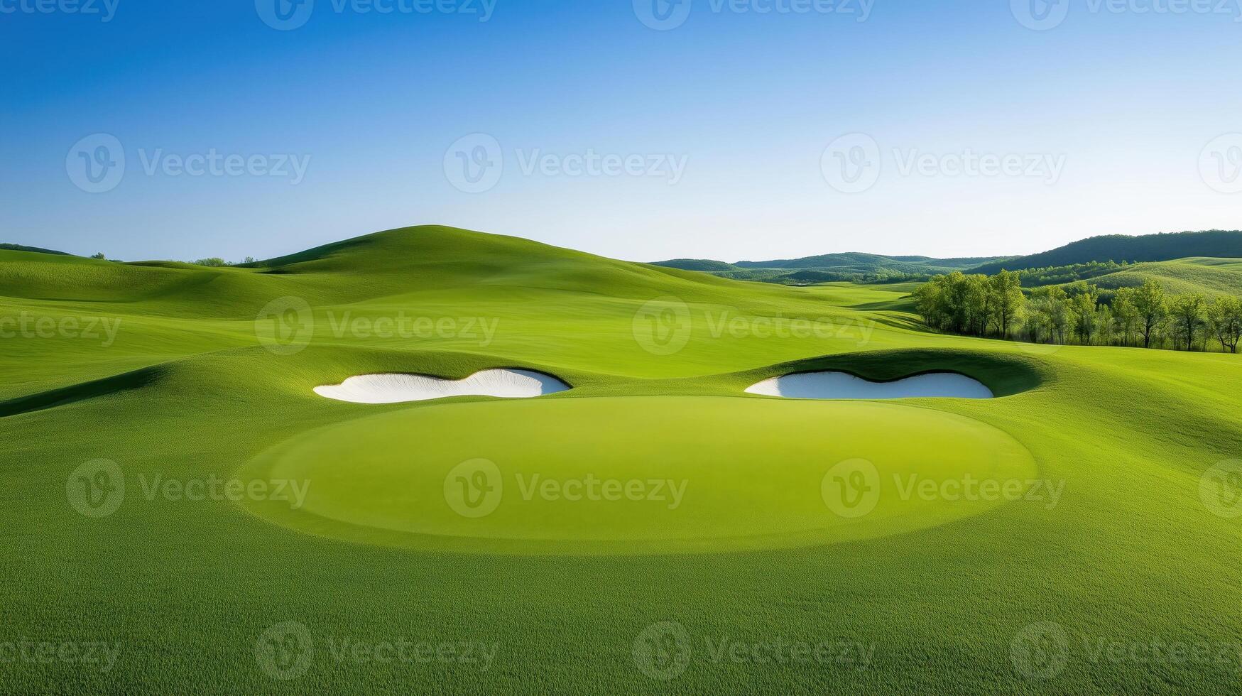 A serene golf course landscape showcasing lush green hills, pristine bunkers, and clear skies perfect for golfing enthusiasts. photo