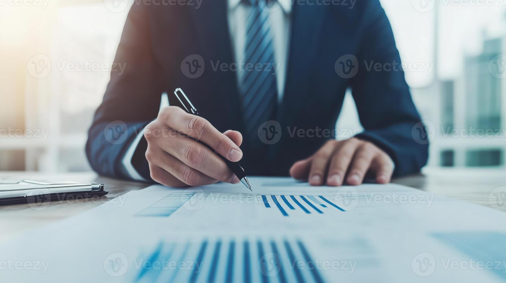 A business professional reviewing and annotating financial documents at a modern office desk with data charts. photo