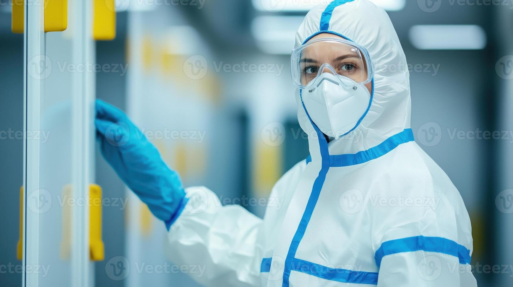 A healthcare worker in protective gear inspects a laboratory with a focused expression, emphasizing safety and professionalism. photo