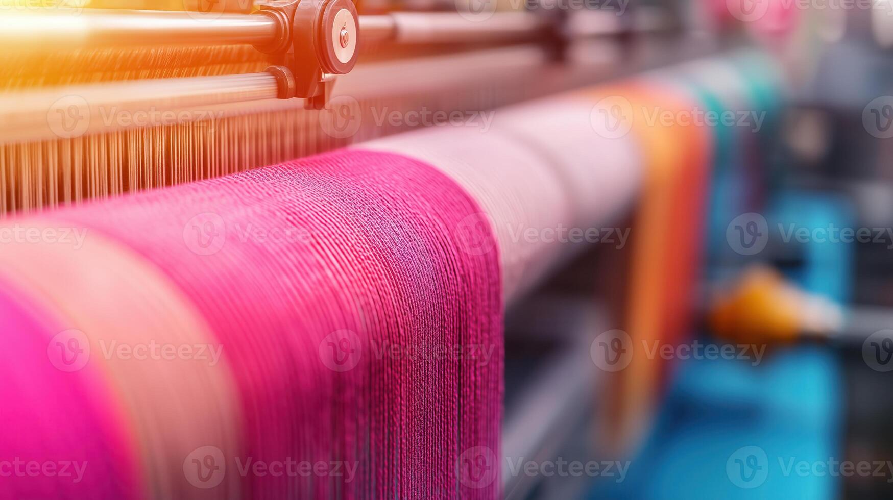 High-resolution capture of automated textile weaving machines, showing the fine details of fabric production technology. photo