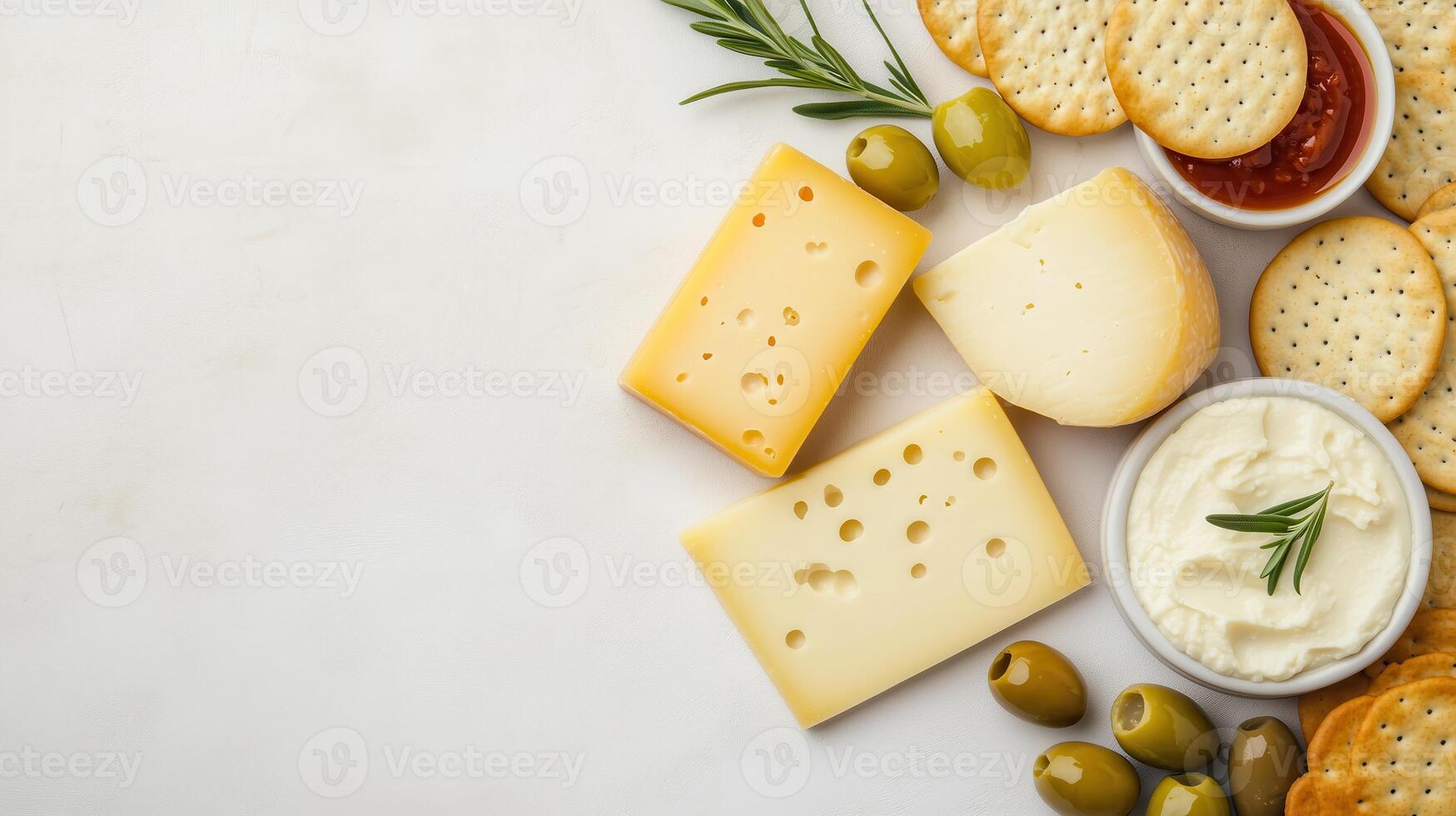 Delicious assortment of cheese, crackers, olives, and spreads on a neutral background. Perfect for a snack or appetizer. photo