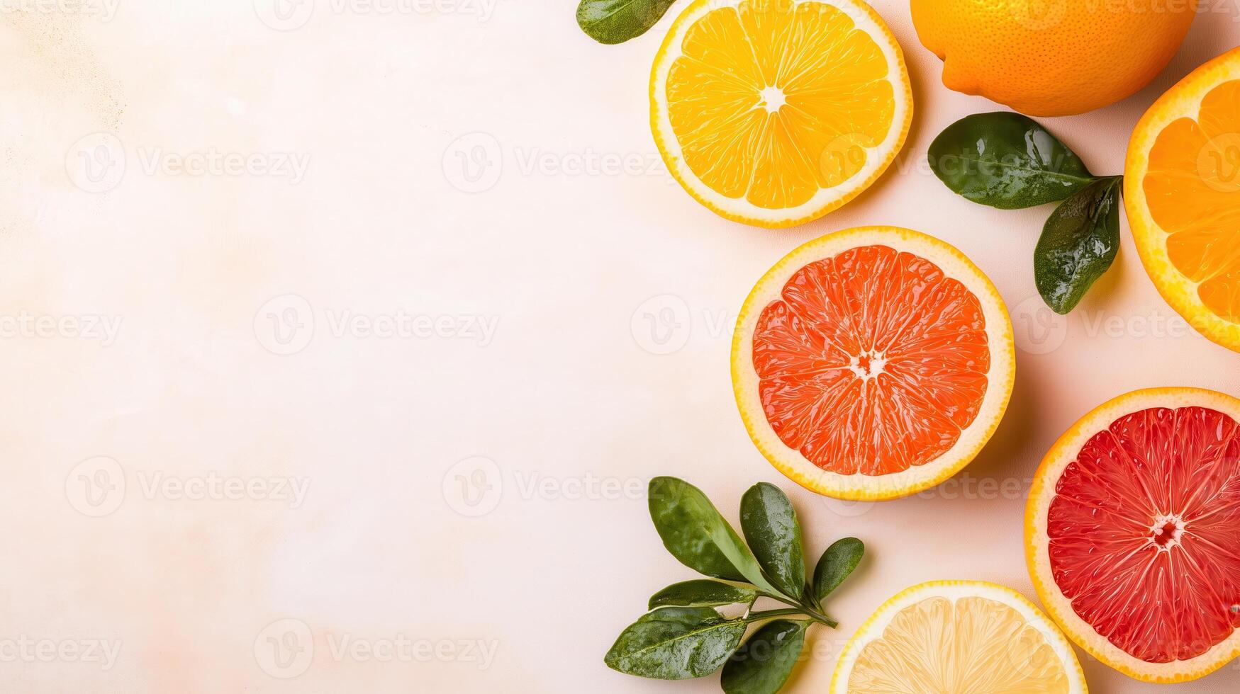 Vibrant tropical citrus fruits arranged on a light background, showcasing freshness and color in a healthy lifestyle. photo