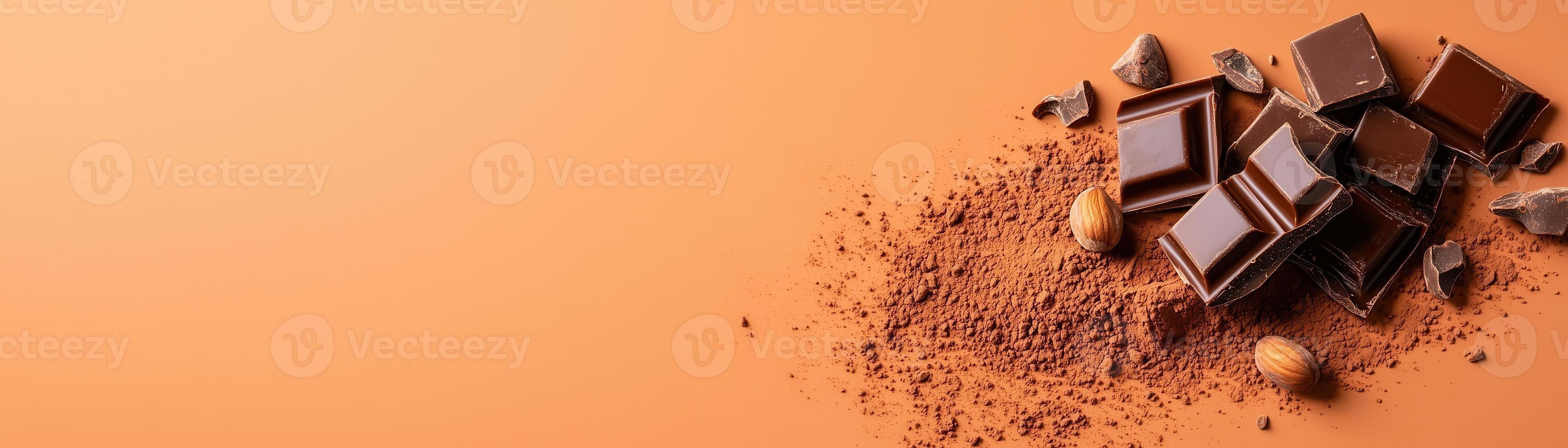Delicious dark chocolate pieces scattered on a warm orange background, perfect for culinary and dessert themed projects. photo