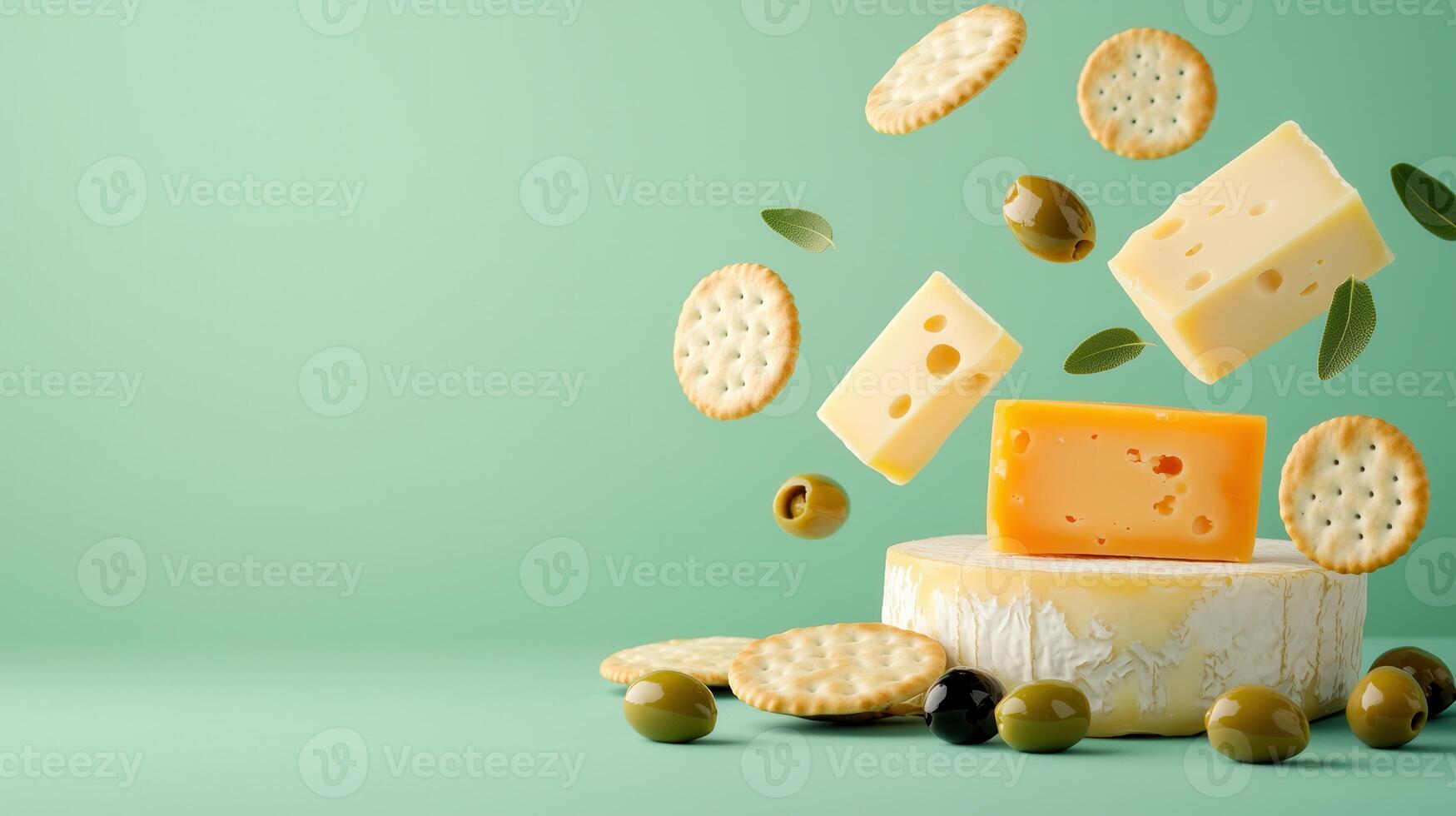 An appetizing display of floating cheese, crackers, and olives on a soft green background, perfect for food-related concepts. photo
