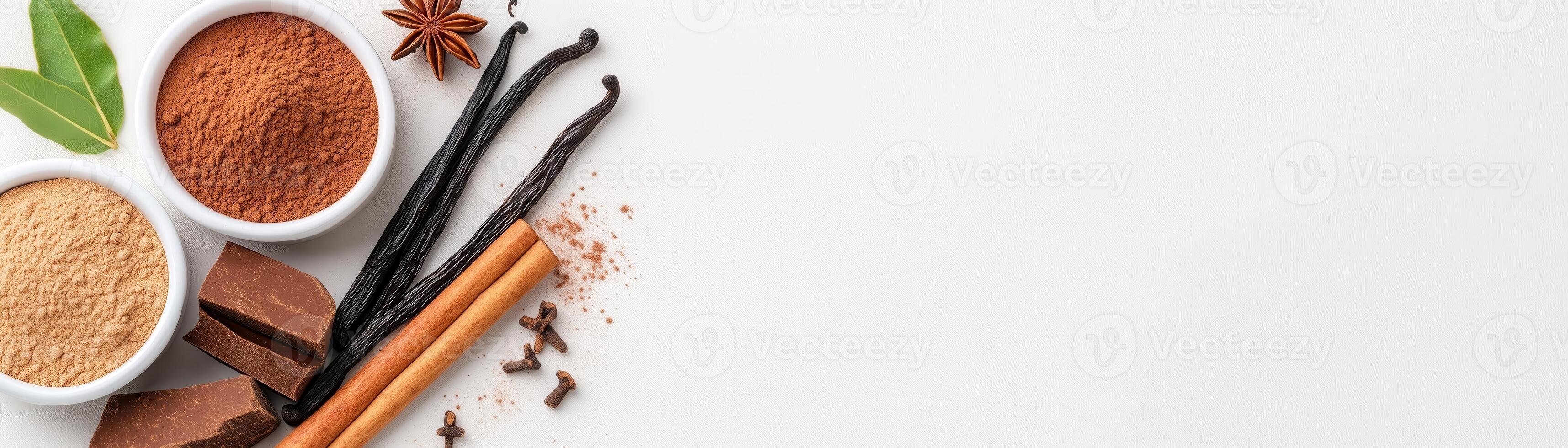 An assortment of spices arranged artfully on a clean surface, perfect for culinary presentations and food-related themes. photo