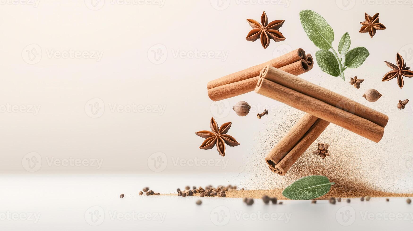 A captivating arrangement of cinnamon sticks, star anise, and green leaves, highlighting the beauty of spices in a minimalistic design. photo