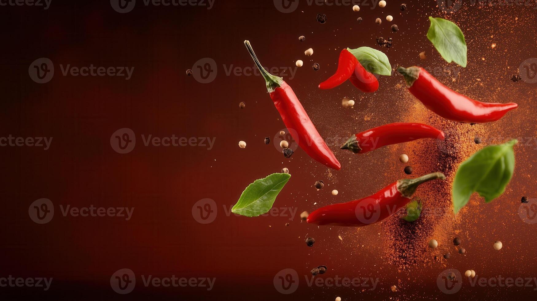Vibrant red chili peppers surrounded by spices and fresh leaves, capturing the essence of culinary heat and flavor. photo