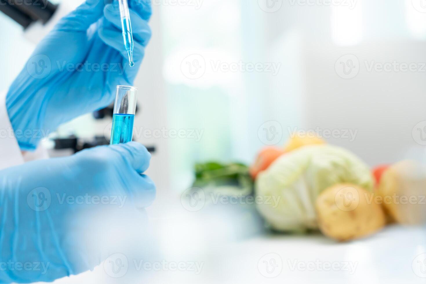 Scientist check chemical food residues in laboratory. Control experts inspect quality of fruits, vegetables. lab, hazards, ROHs, find prohibited substances, contaminate, Microscope, Microbiologist photo
