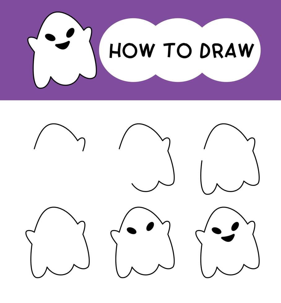 How to draw ghost cartoon step by step for learning, kid, education and coloring book. Halloween festival vector