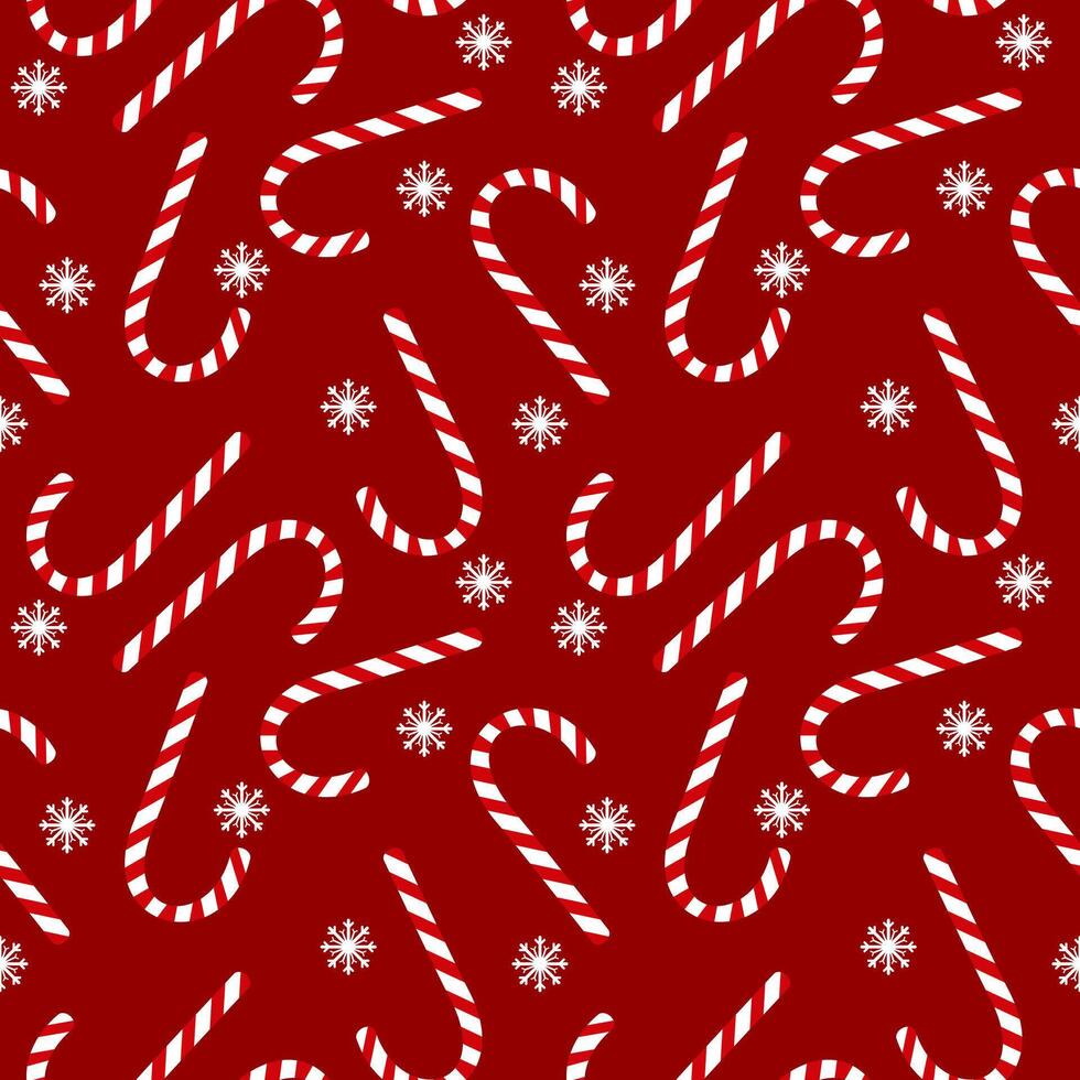 Candy cane with snowflakes seamless pattern on red background vector