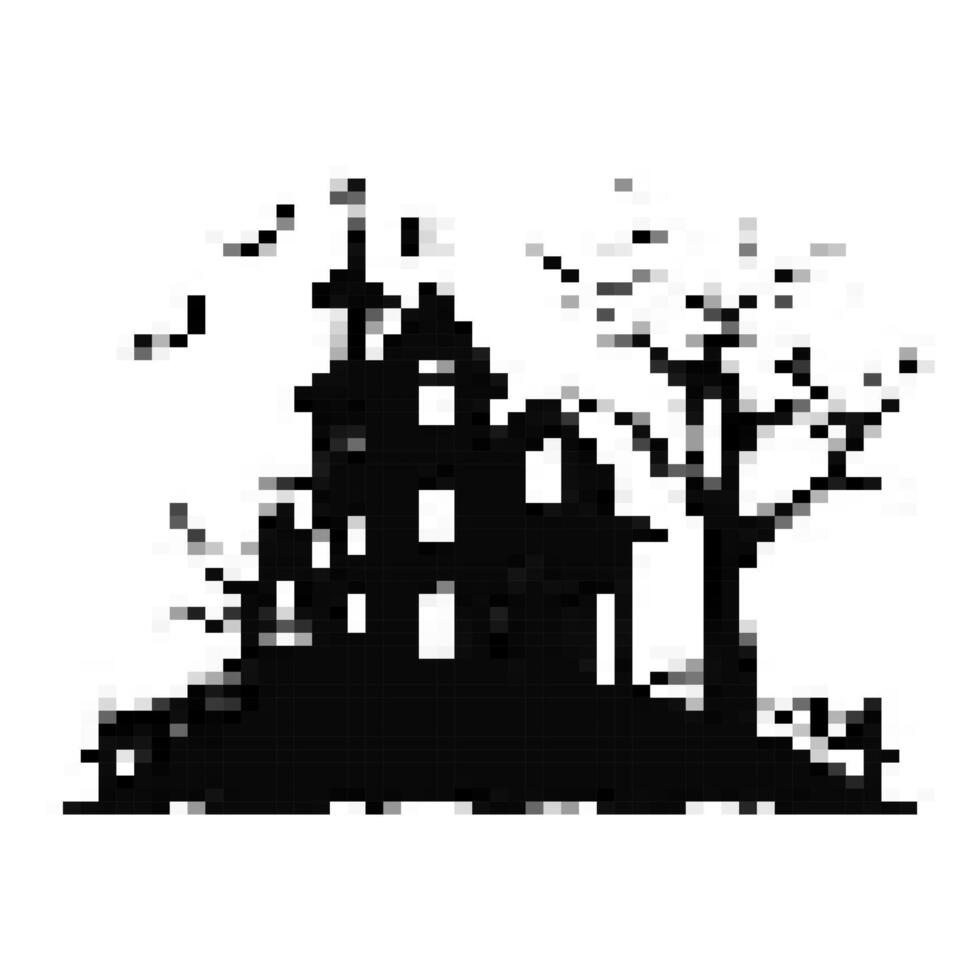pixel art castle with dead tree icon on white background vector