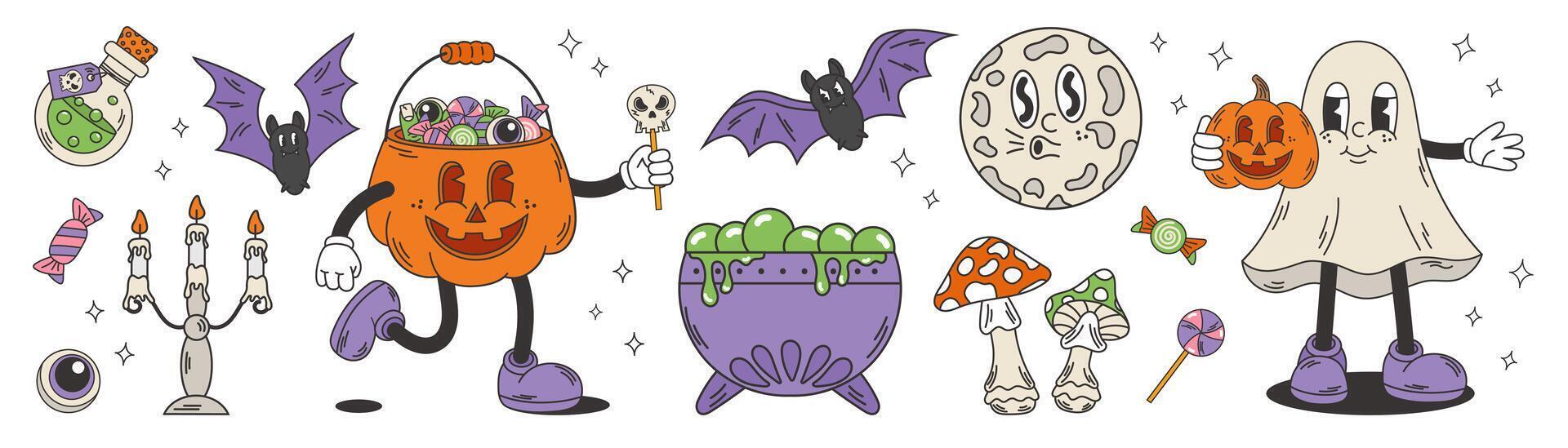 Retro groovy Halloween set of Characters. Ghost, scary moon, Pumpkin head with candy, Bats. Isolated design elements. vector