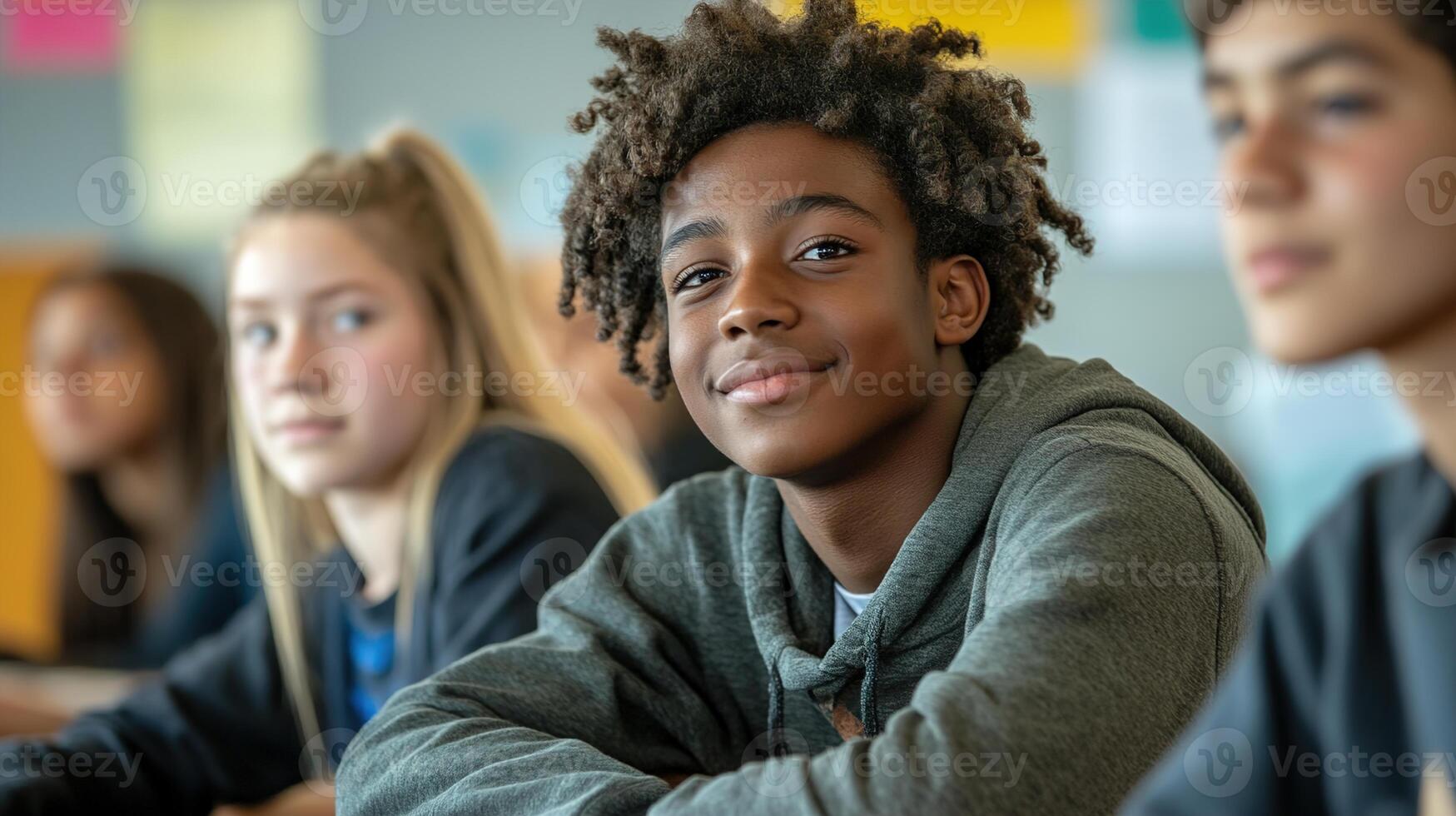 Diverse Group of Students Engaged in Vibrant Classroom Learning with Hopeful Energy and Natural Light photo